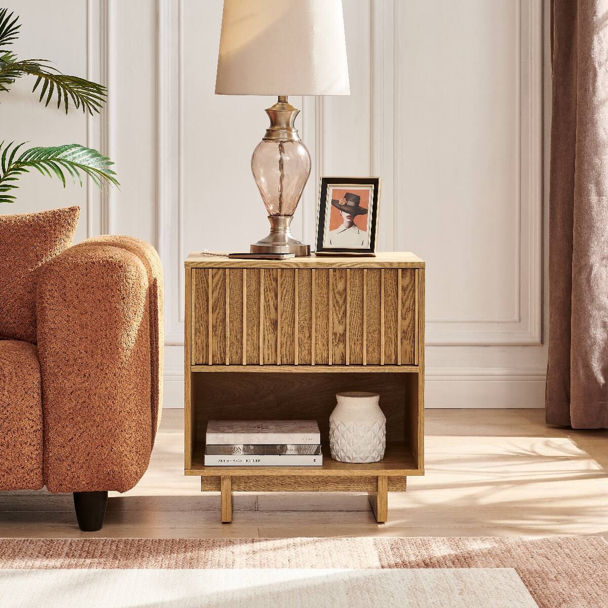 Alt View 1. Loheer - Loheer Mid Century Modern Nightstand with Hidden Charging Station Natural Finish - Natural.