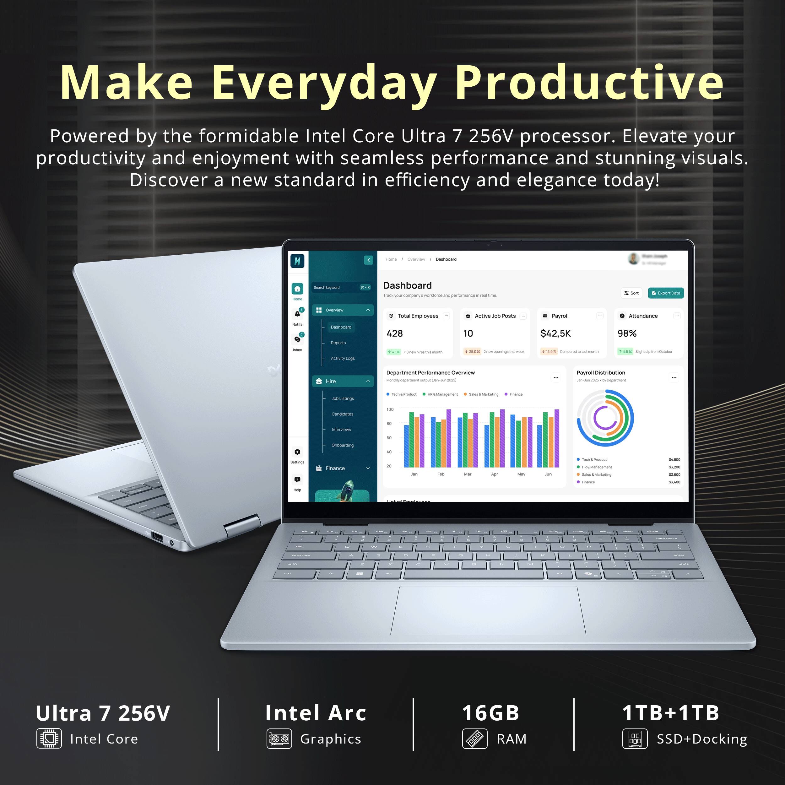 Make Everyday Productive  
Powered by the formidable Intel Core Ultra 7 256V processor. Elevate your productivity and enjoyment with seamless performance and stunning visuals. Discover a new standard in efficiency and elegance today!

Home / Overyour Carbooked  
SearChavered  
ALTA Dashboard centerve  
Set  
Export Dets  
MAR my  
Overvie Carbooks Reports BetwityLog:  
V Total Employees 428  
Active be Posts Payroll 10 $42,5K 2019 Intervingstiones KIS Compeedits  
Attendance 98% light.do-tomOctor  
Hine  
Department Performance Carrou  
PayrollDistribution  
JobListings  
technodus inkivenagement SelesGiVerketing Arance  
CanaCates  
Interviews  
80  
Onboarding  
40  
Setting:  
Finance  
6  
2sh  
Tells  
RF  
my  
JUI  
IsmUnum Hillimagement Sales L/MarketorOng  
- $0.010 was  
- $5.49  
do  
BTF  
+  
A  
R  
+  
-  
-  
+  
C  
2  
F