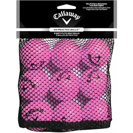 Pattern Simulates True Ball Flight!
Les Alvéoles Hex Simulent Une Trajectoire De Vol Réelle!
Callaway
HX-PRACTICE BALLS
9 SOFT-FLITE GOLF BALLS
9 BALLES DE PRACTICE