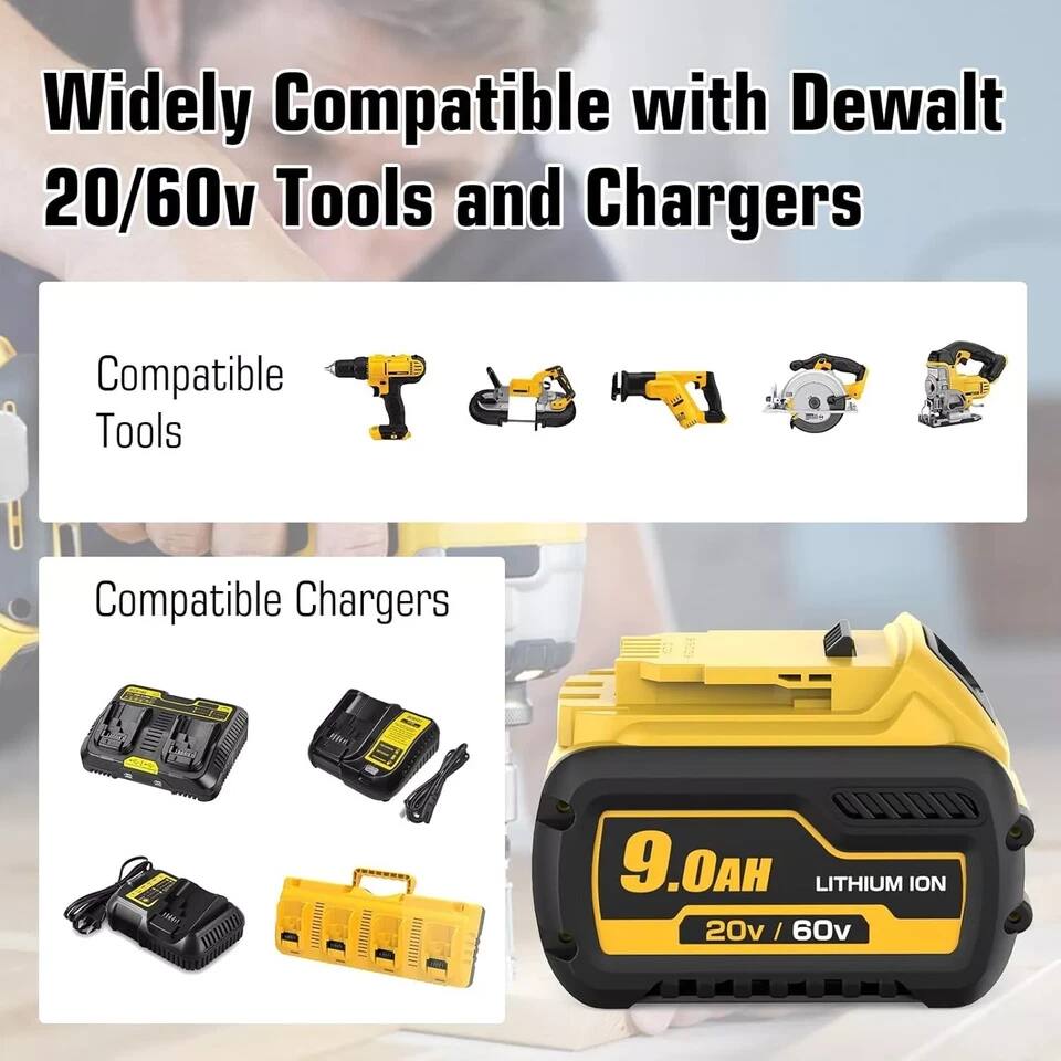 Widely Compatible with Dewalt 20/60v Tools and Chargers

Compatible Tools

Compatible Chargers

9.0AH LITHIUM ION 20v / 60v
