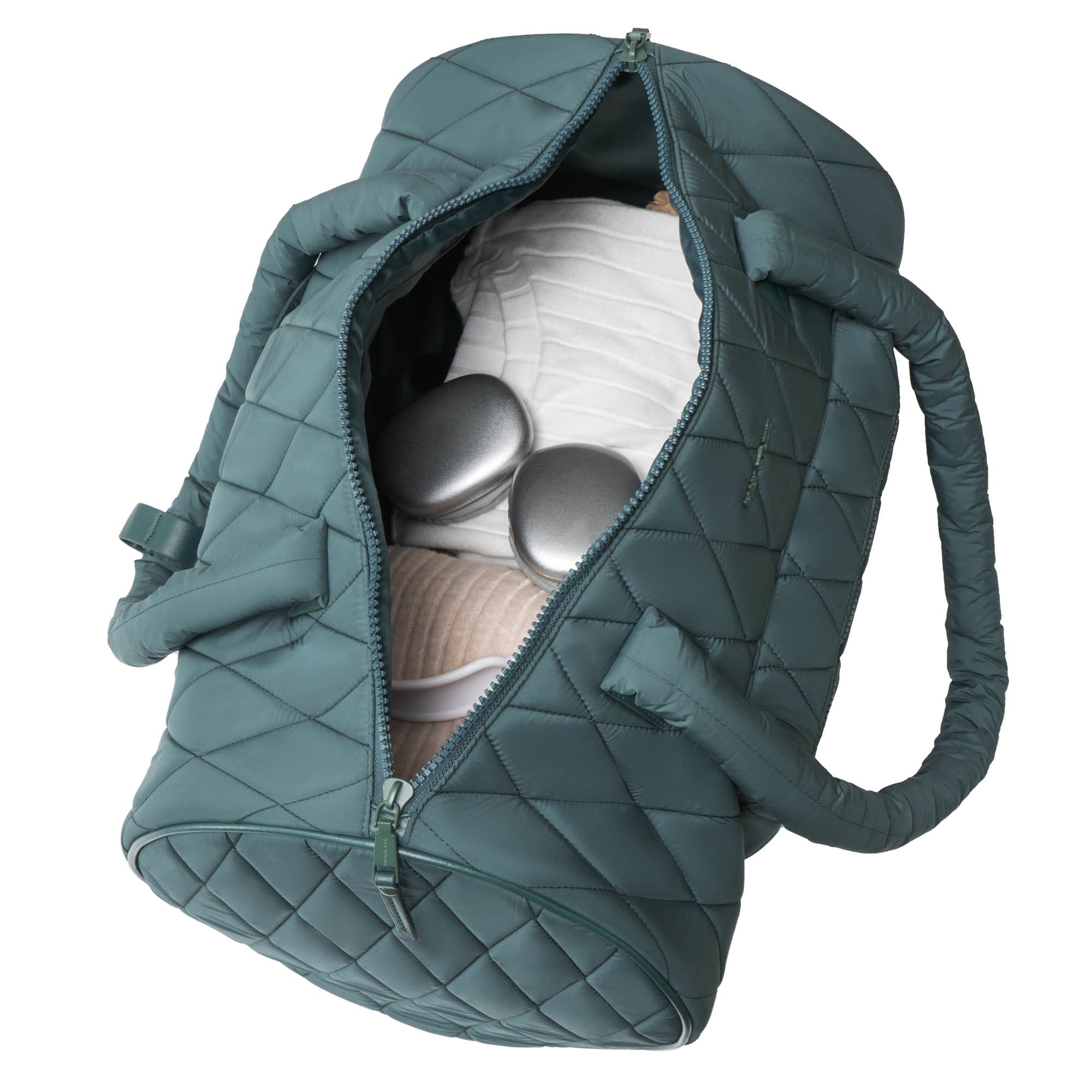 Left. Max Studio - 20-Inch Large Nylon Diamond-Quilted Roll-Front Duffle Bag - 236-CHOCOLATE.