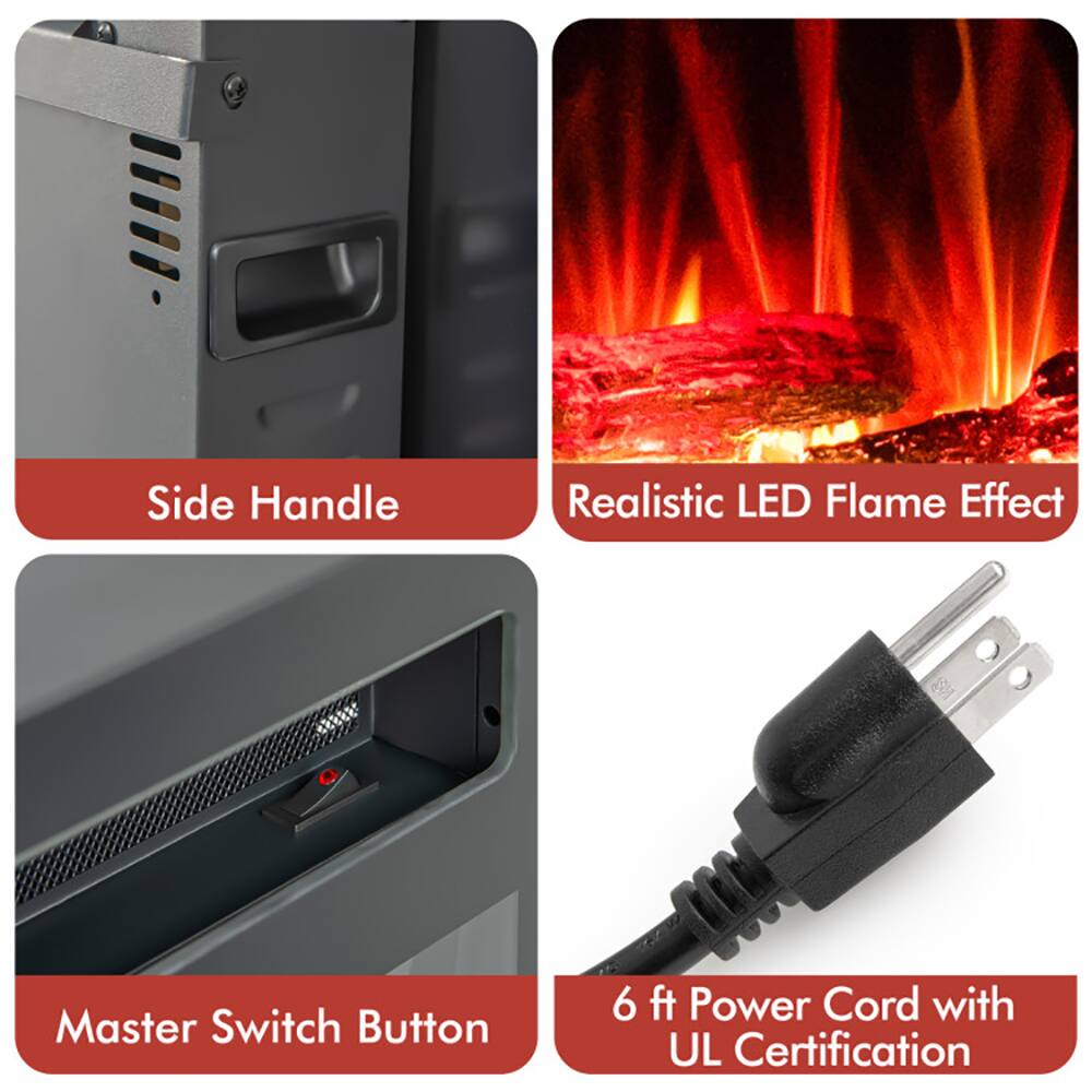 - Side Handle
- Realistic LED Flame Effect
- Master Switch Button
- 6 ft Power Cord with UL Certification