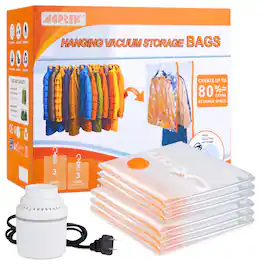 AGPtek - 6 Pack Hanging Vacuum Storage Bags for Clothes, Suits, Dresses & Jackets with Electric Pump - Clear Orange