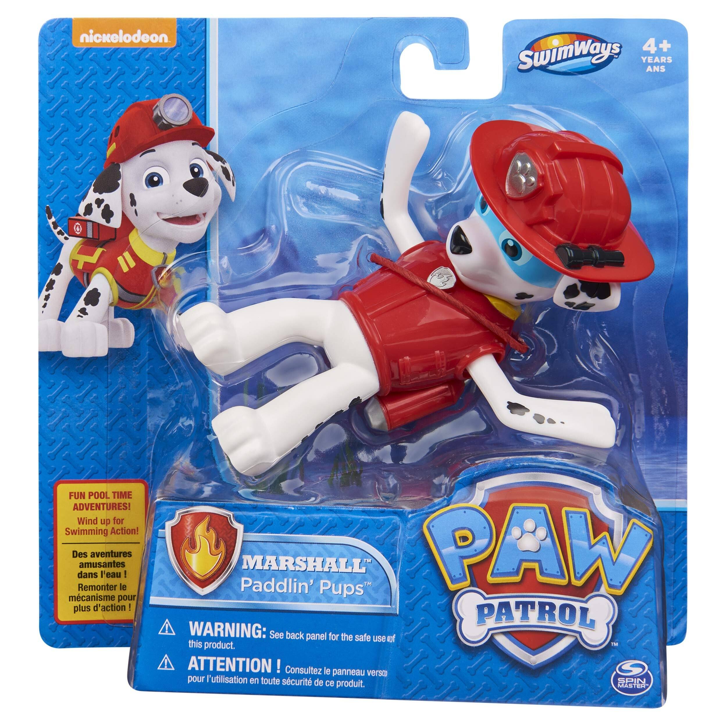 Nickelodeon SwimWays 4+ YEARS ANS FUN POOL TIME ADVENTURES! Wind up for Swimming Action! Des aventures amusantes dans l'eau ! Remonter le mécanisme pour plus d'action ! Paddlin' Marshall Pups" PAW PATROL WARNING: See back panel for the safe use of this product. - ATTENTION! Consultez le panneau verso pour l'utilisation en toute sécurité de ce produit.