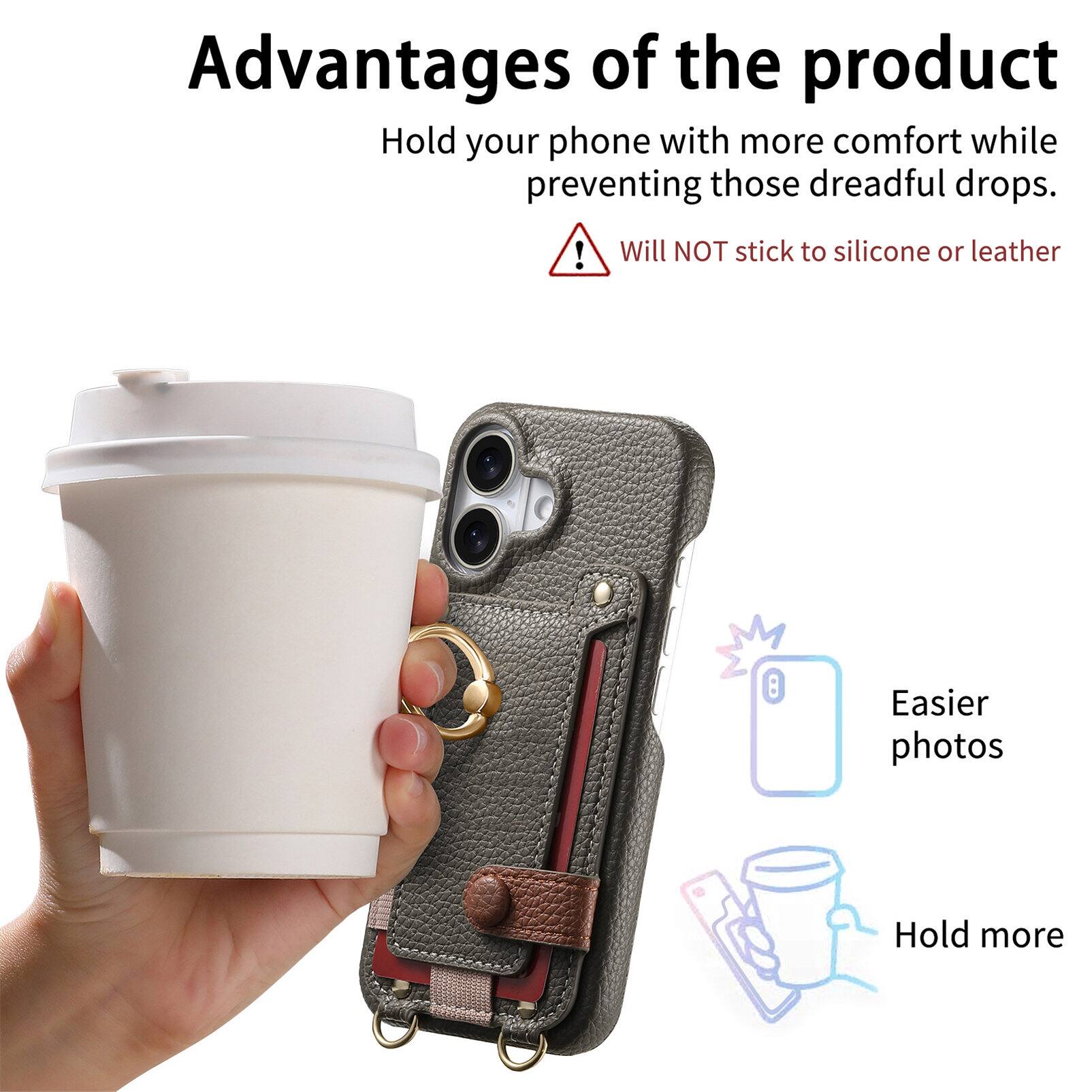 Advantages of the product

- Hold your phone with more comfort while preventing those dreadful drops.
- Will NOT stick to silicone or leather
- Easier photos
- Hold more