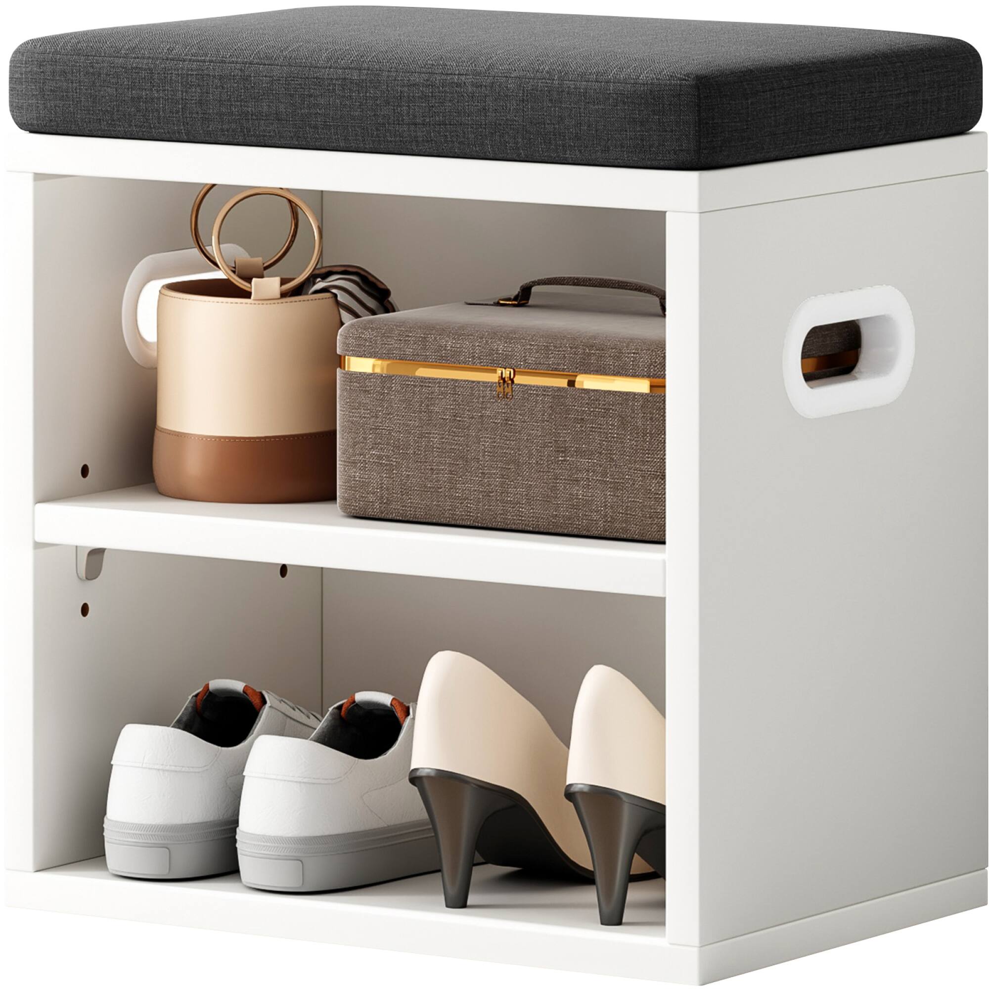 Alt View 4. GOODSILO - Compact Entryway Shoe Storage Bench with Removable Cushion for Seating and Organization - White.
