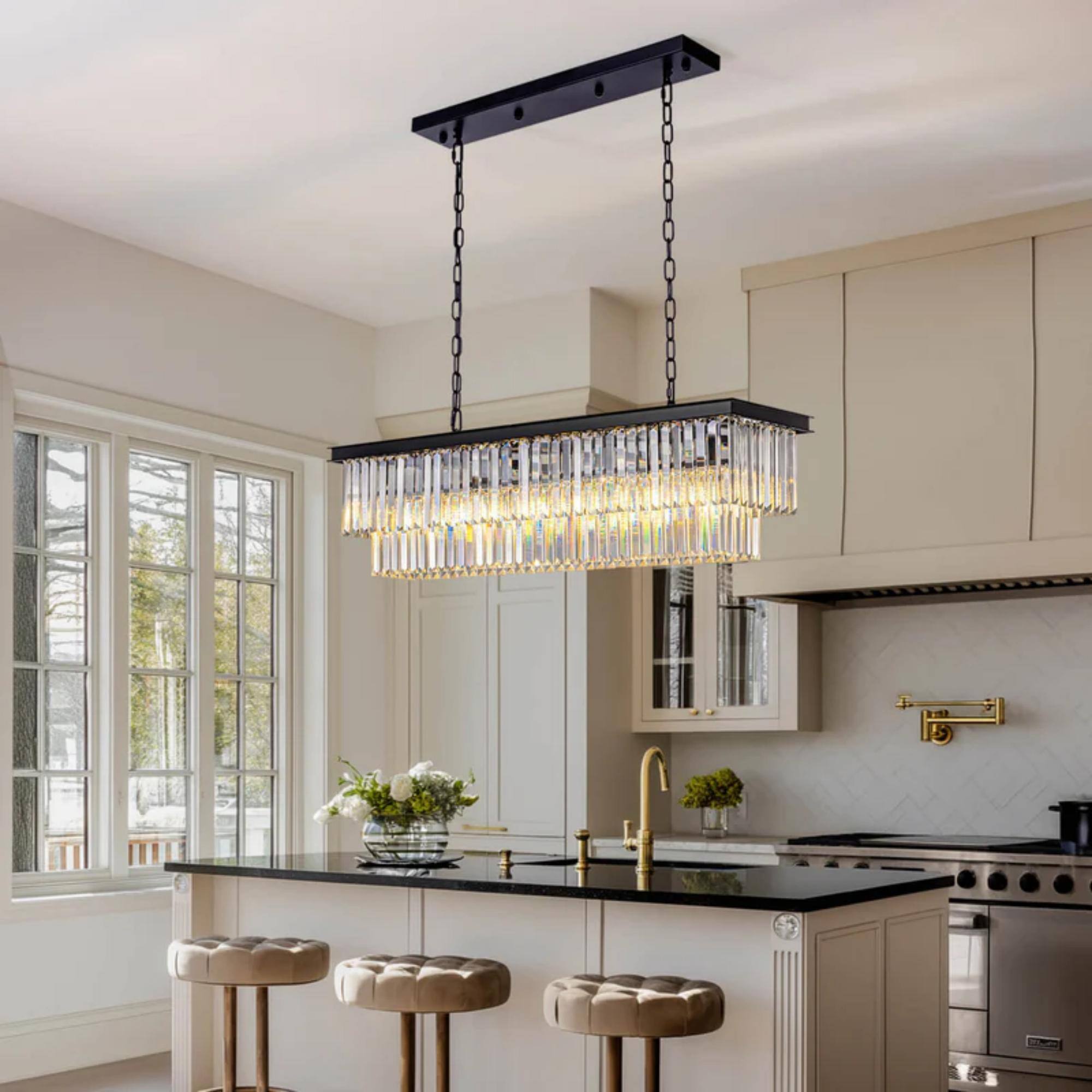 Alt View 4. Siljoy - 39.4-In 7-Light Matte Black K9 Crystal Linear Chandelier, Adjustable Rod Hardwired E12 for Kitchen Island Foyer - Matte Black.