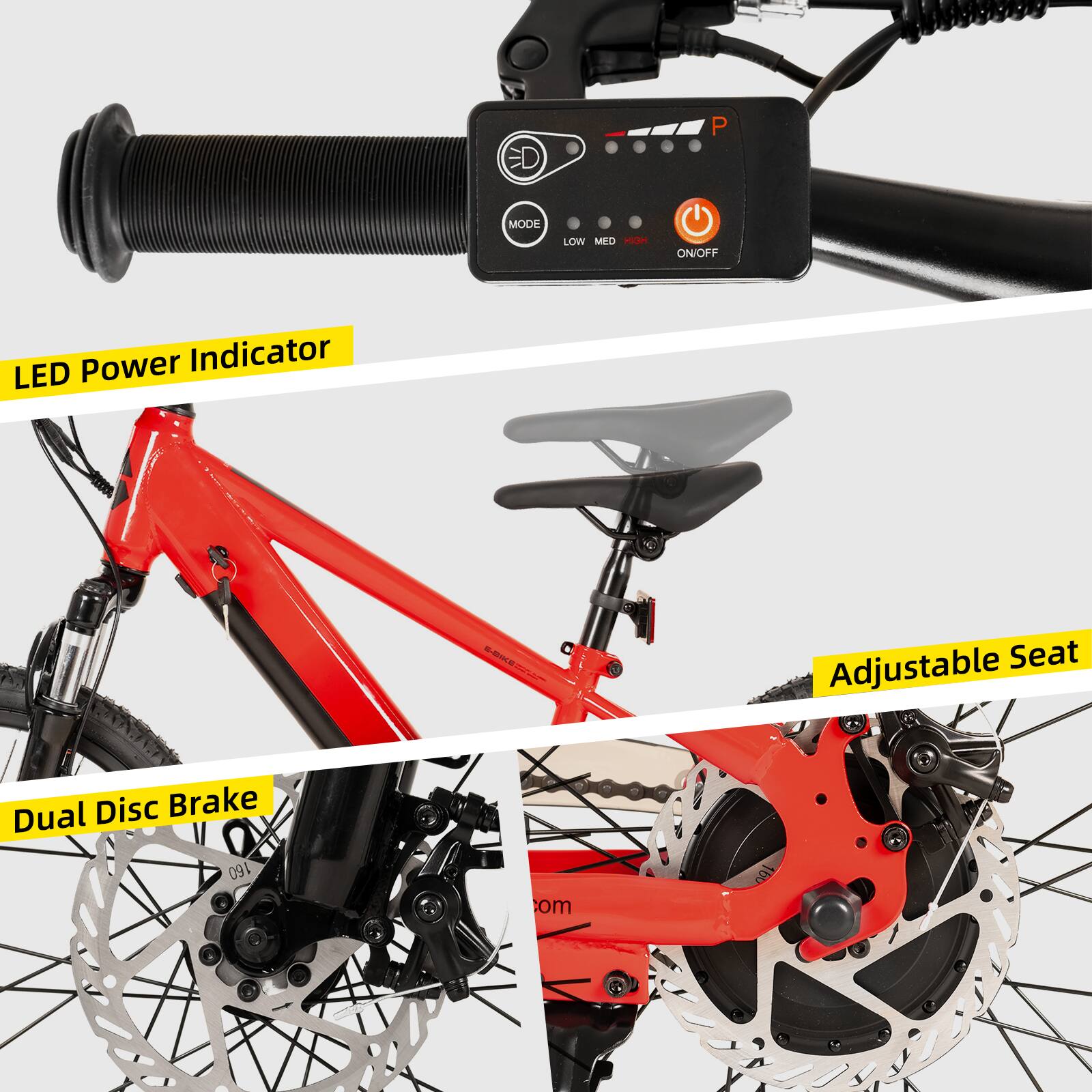 ED P MODE LOW MED HIGH ON/OFF  
Power Indicator LED  
LONE  
Adjustable Seat  
Dual Disc Brake  
160 cm