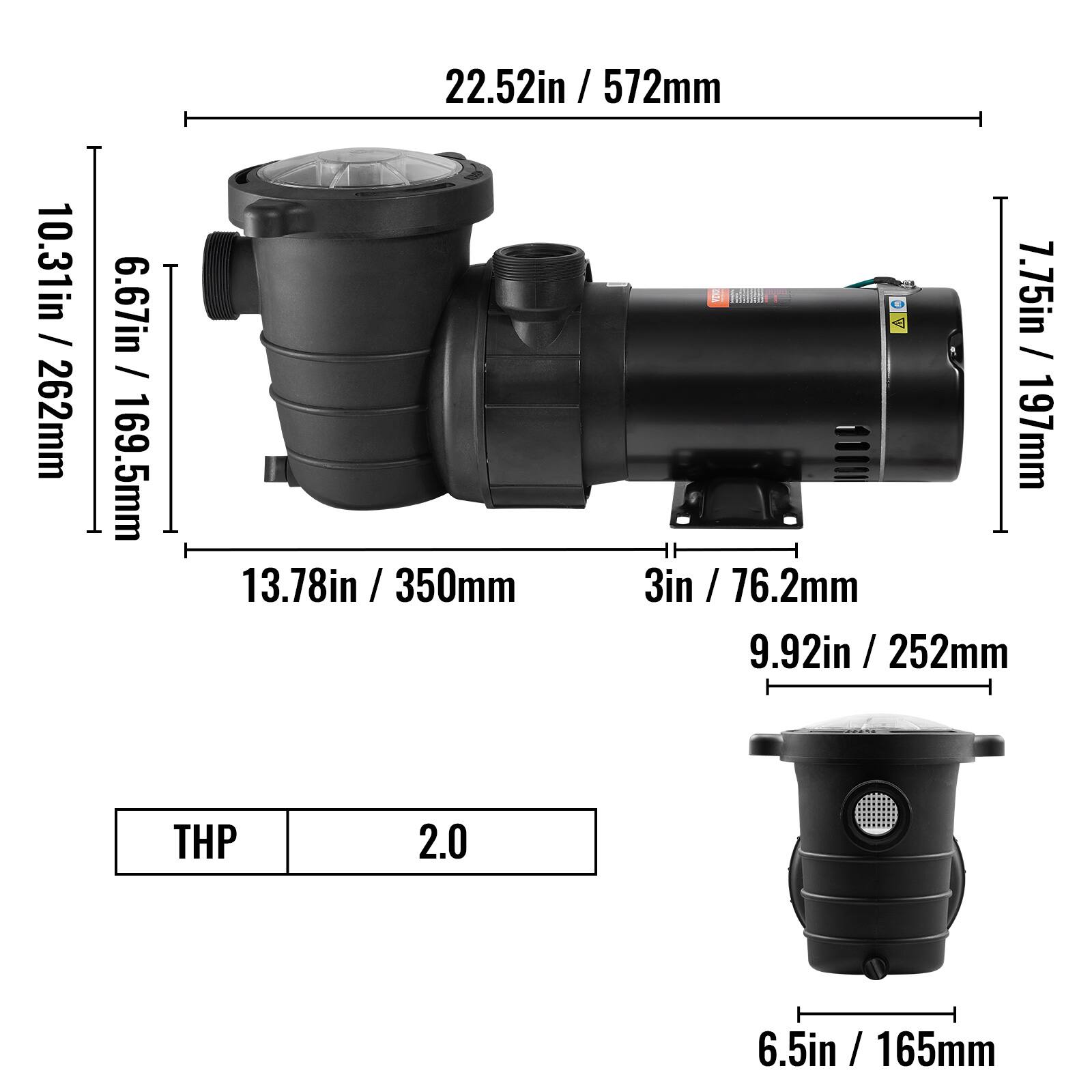 10.31in / 262mm  
6.67in / 169.5mm  
22.52in / 572mm  
7.75in / 197mm  
13.78in / 350mm  
3in / 76.2mm  
9.92in / 252mm  
6.5in / 165mm  

THP  
2.0