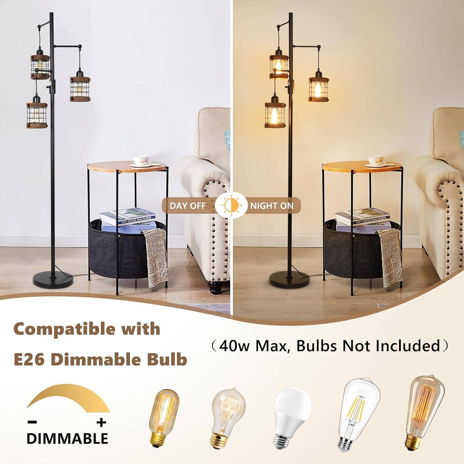 DAY OFF  
NIGHT ON  
DHAT WATICK PALICE SONE  
Compatible with E26 Dimmable Bulb  
(40w Max, Bulbs Not Included)  
- + DIMMABLE