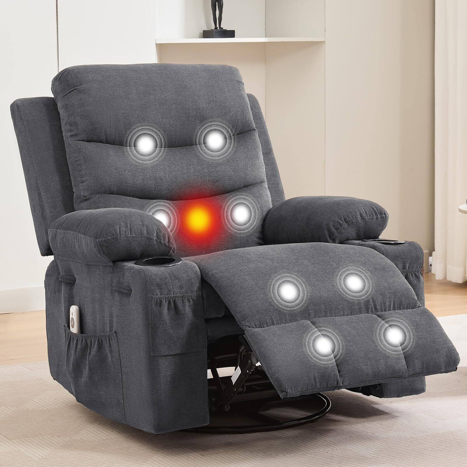 Front. Acekool - 360° Swivel Oversized Recliner Single Sofa Seat, Recliner Chair with Massage and Heat, Adult Rocking Chair - Grey.