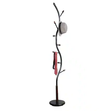 Front. ALEXOUN - Metal Black and Walnut Standing Coat Rack - 9 Hooks, Metal Construction with Wooden Accents, Modern Finish - Black.
