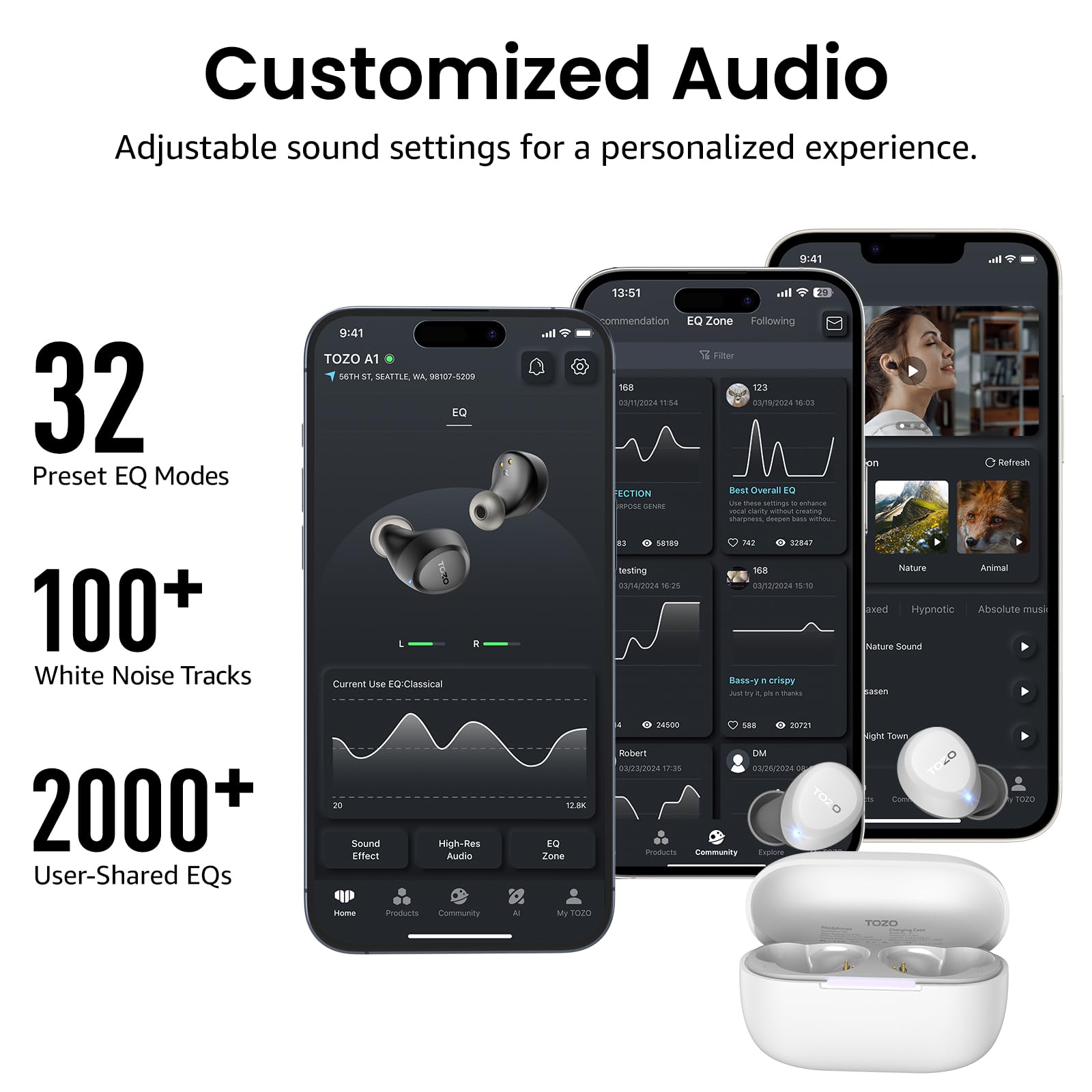 Customized Audio  
Adjustable sound settings for a personalized experience.  

32 Preset EQ Modes  
100+ White Noise Tracks  
2000+ User-Shared EQs  

TOZO A1  
9:41  
TOZO A1  
36TH ST, SEATTLE, WA 98107-5200  

Current Use EQ: Classical  

13:51  
Recommendation  
EQ Zone  
Following  

03/09/2024  
Best Overall EQ  
ECTION  
Best Overall EQ  
58199  

18:26  
testing  
03/09/2024 18:26  

15:30  
Bass - y crispy  

Nature  
Animal  
Hypnotic  
Absolute music  

Sound Effect  
High-Res Audio  

26500 SAR  
20721  

02/02/2024  
Robert  
03/09/2024 17:35  

Community  
My TOZO
