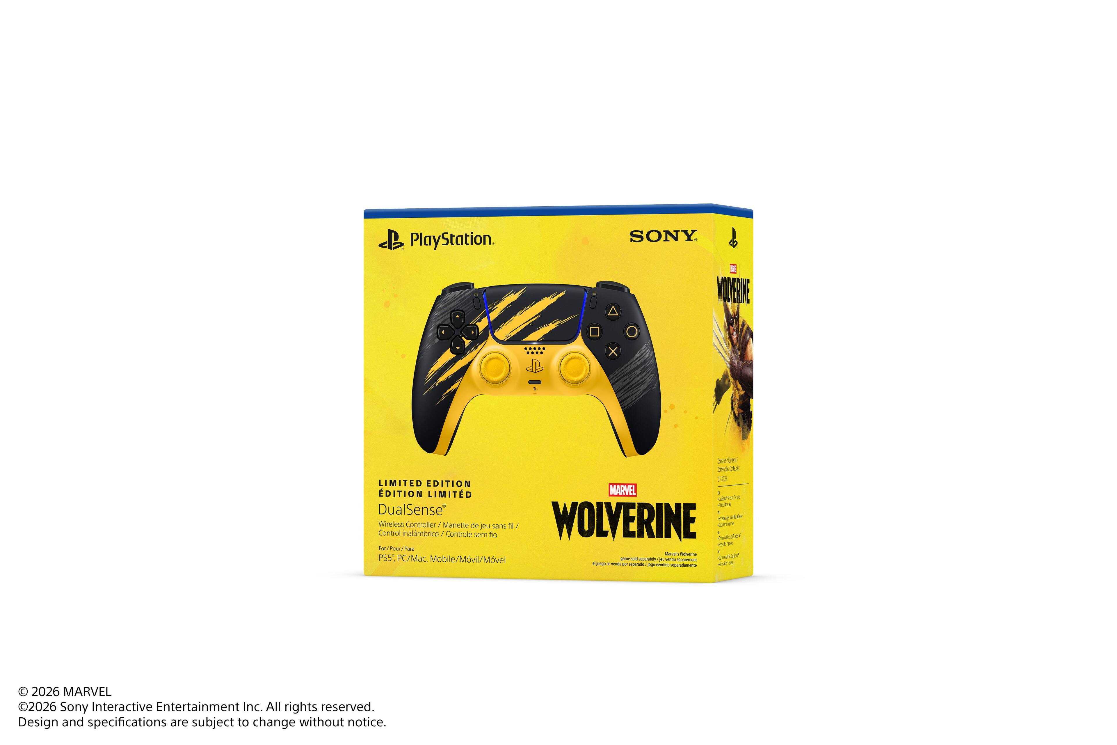 PlayStation  
SONY  
M VOLVERNE  
X  
Less Card 2015 (28.b SCIA LIMITED EDITION DITION LIMITD MARVEL - GRAPHE 90004 DualSense " Control Wireless inalmbrico Controller / Manette Controle de sem jeu fio sans N WOLVERINE Crassicione Quiter 1 of of ys For/Your/Parz Fash - - PS5*, PC/Mac. Mobile/Mvil/Mvel - - mycommently PV - - - - SMA 1 - - mychoneshs. - - MEDICIONSTRACTIONS.COM  
2026 MARVEL 2026 Sony Interactive Entertainment Inc. All rights reserved. Design and specifications are subject to change without notice.