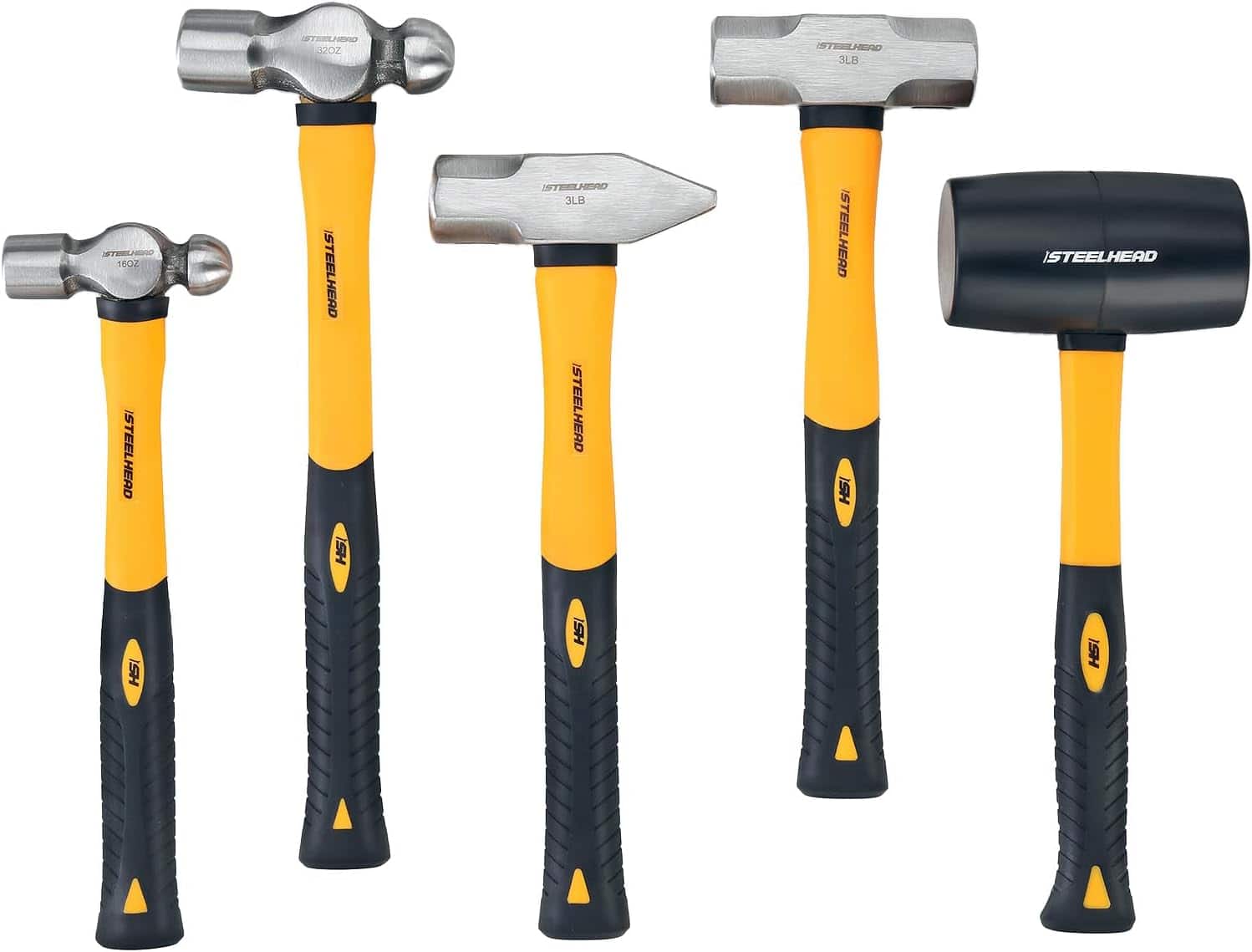 STEELHEAD - 5 Piece Fiberglass Handle Hammer and Mallet Set, Ball Peen, Sledge, Rubber Mallet