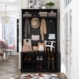 FUFU & GAGA - Entryway Hall Tree with Coat Rack Shoe Cabinet and Bench,Modern Entryway Organizer with Hooks and Storage Shelves - Black