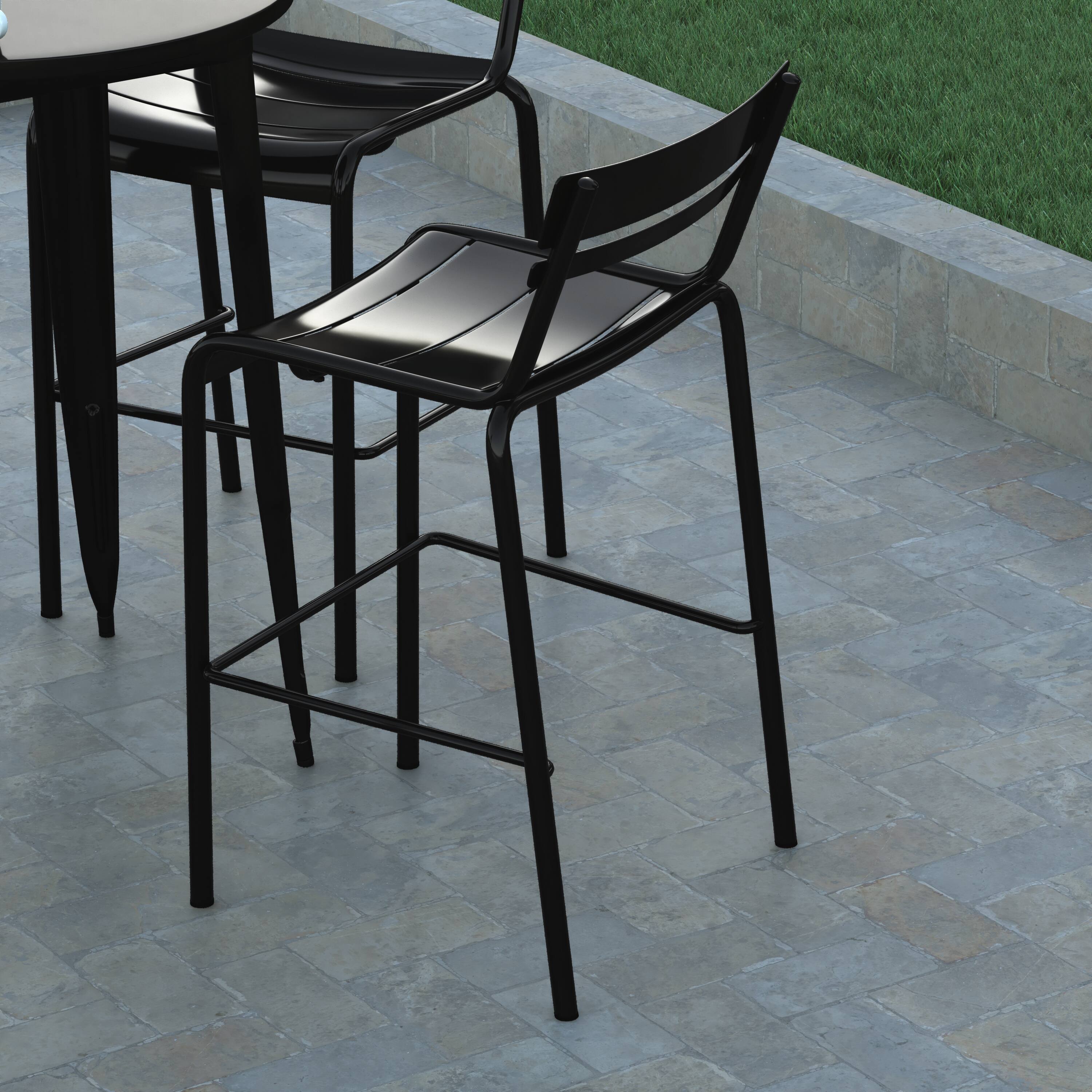 Alt View 5. Emma + Oliver - Rennes Armless Powder Coated Steel Stool with 2 Slat Back for Indoor-Outdoor Use - Black.