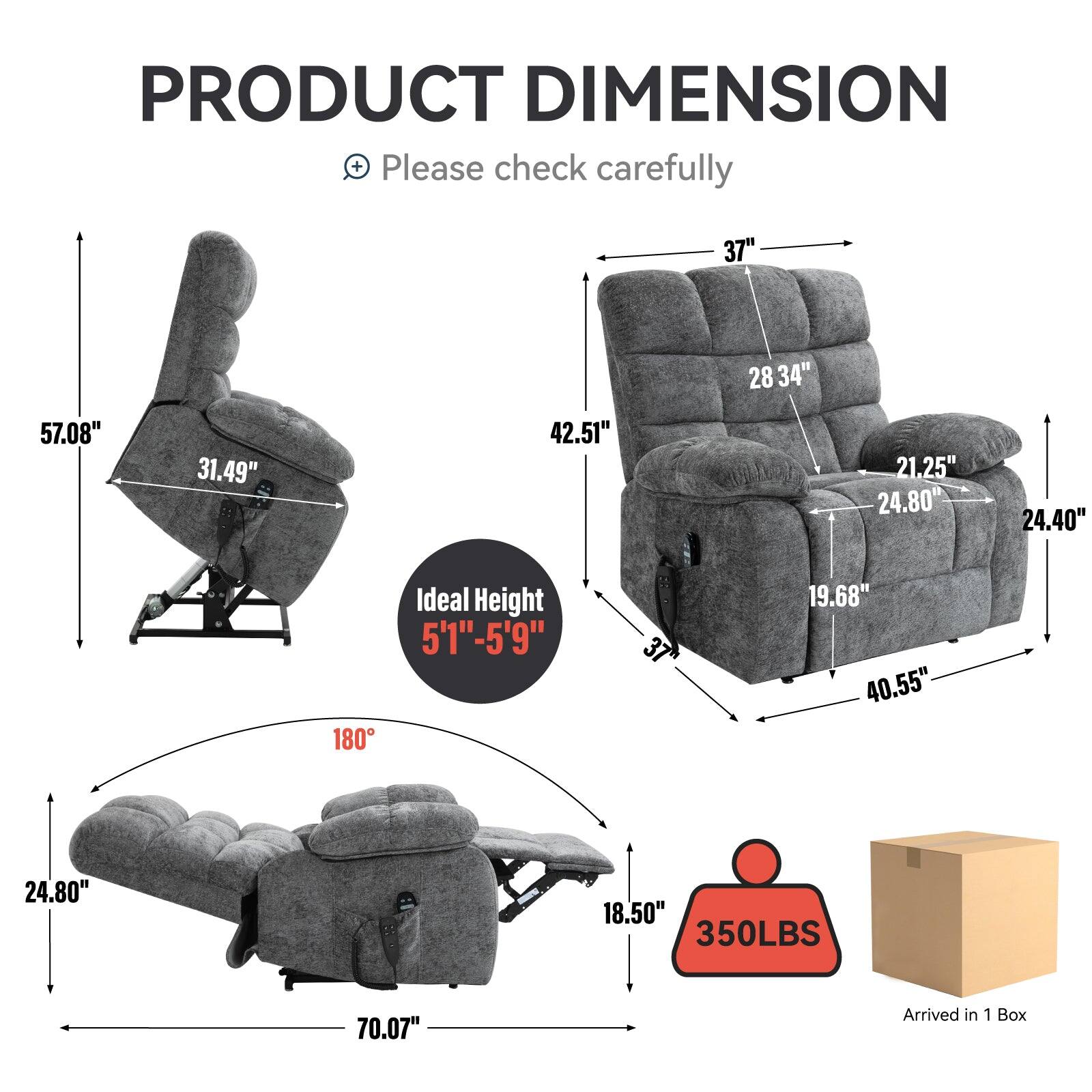 PRODUCT DIMENSION  
Please check carefully

- 37" (width)
- 28 34" (depth)
- 42.51" (height)
- 21.25" (armrest height)
- 24.80" (seat depth)
- 24.40" (side armrest width)
- 57.08" (overall height)
- 31.49" (back height)
- 19.68" (side armrest height)
- 40.55" (overall width)
- 24.80" (footrest height)
- 18.50" (footrest width)
- 70.07" (overall length)
- Ideal Height: 5'1" - 5'9"
- 350LBS (weight capacity)
- Arrived in 1 Box