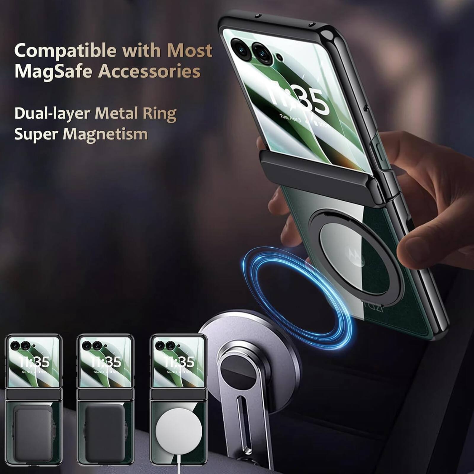 Compatible with Most MagSafe Accessories  
Dual-layer Metal Ring  
Super Magnetism  

TOZI  
11:35  
11:35  
11:35