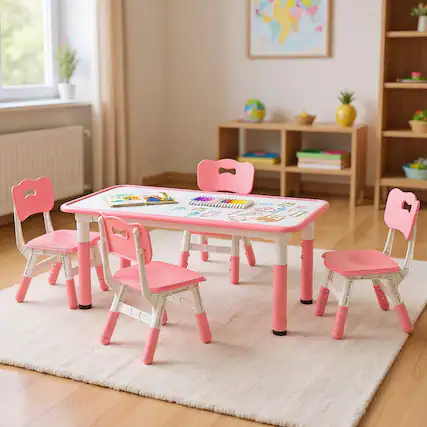 Front. Kadyn - Kids Table and Chairs Set for 4 with Graffiti Desktop-Pink, Small Folding Table for Crafts, Snack Time, Homeschooling - Pink.