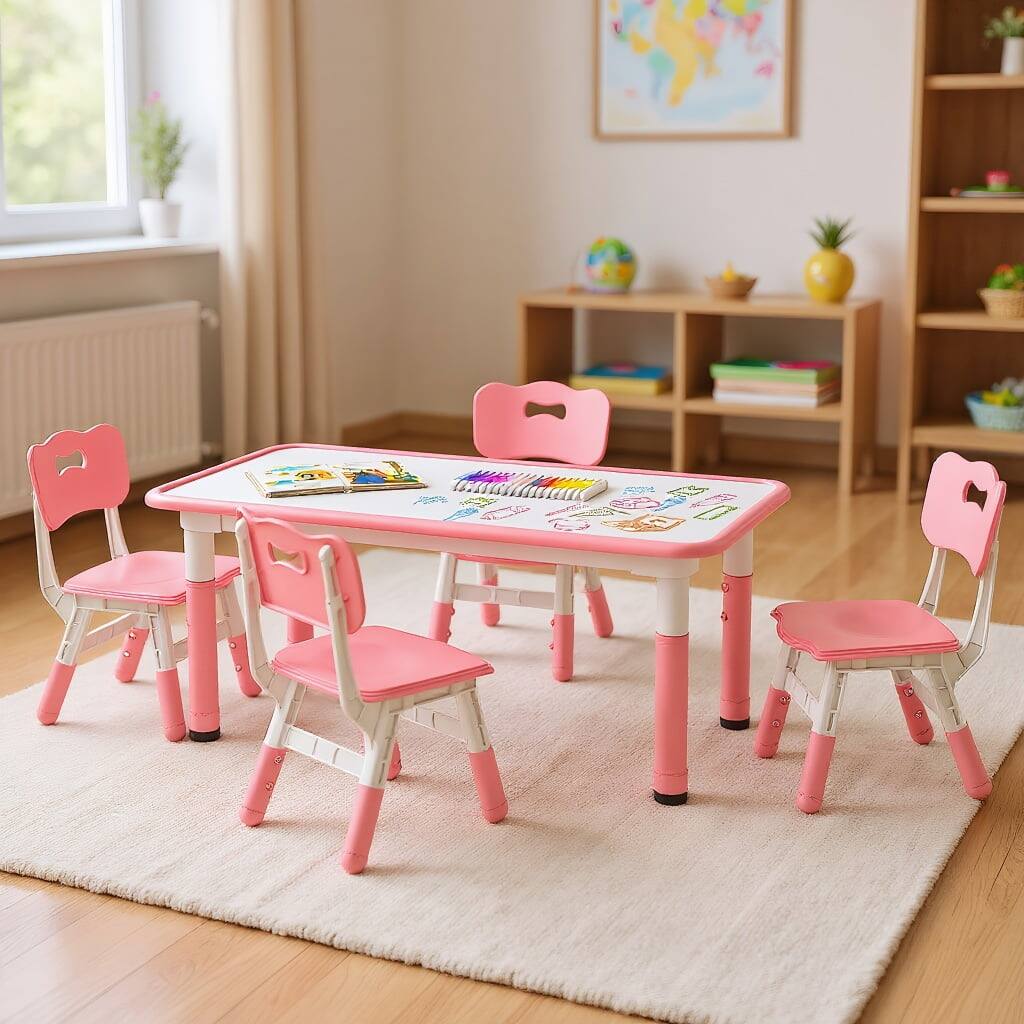 Front. Kadyn - Kids Table and Chairs Set for 4 with Graffiti Desktop-Pink, Small Folding Table for Crafts, Snack Time, Homeschooling - Pink.