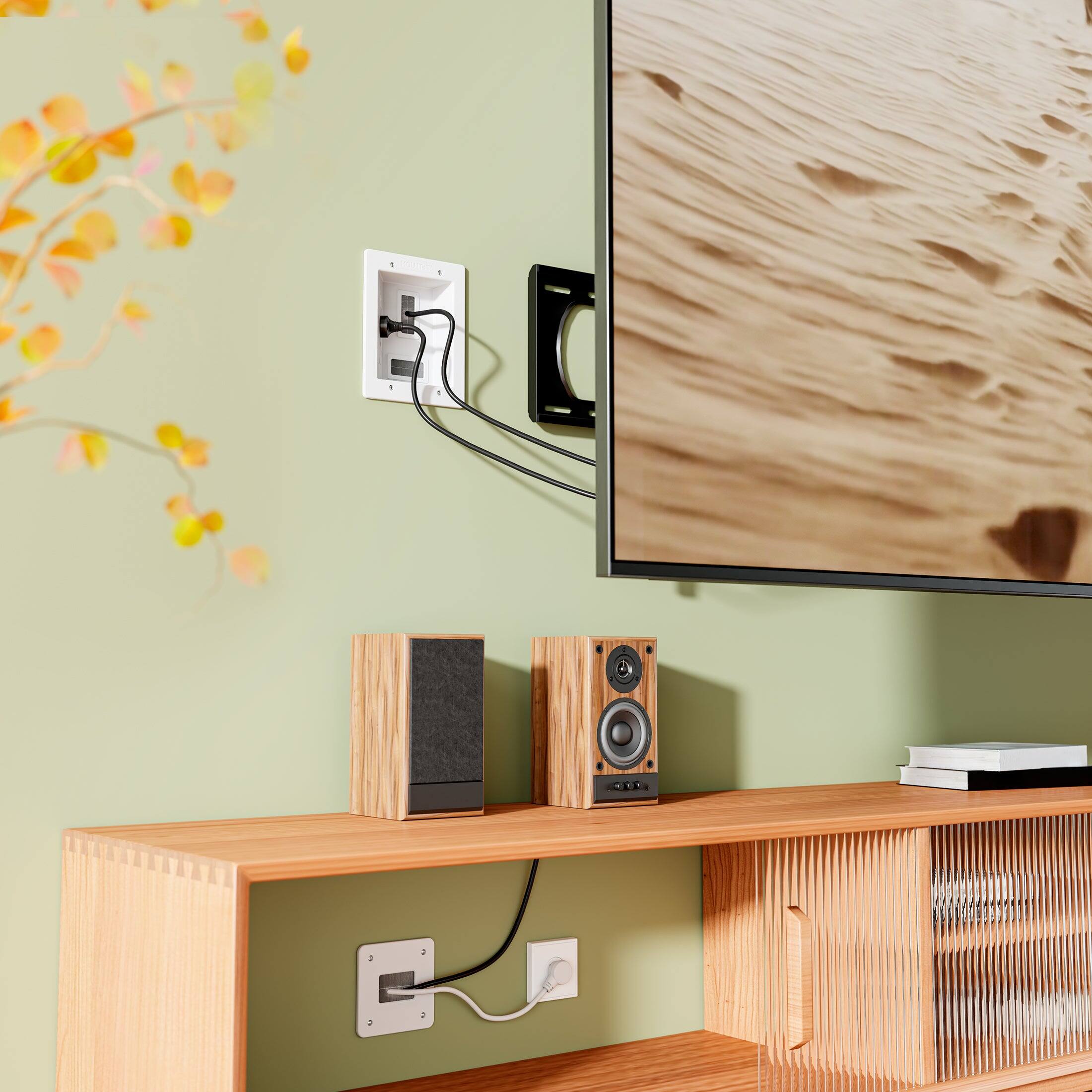 Left. Mount-It! - In-Wall Cable Management Kit with USB – Recessed TV Cable Concealer with USB-C & Dual Outlets - White.