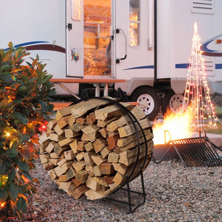 Back. Mondawe - 40 Inch Tubular Steel Log Hoop Firewood Storage Rack - Black.