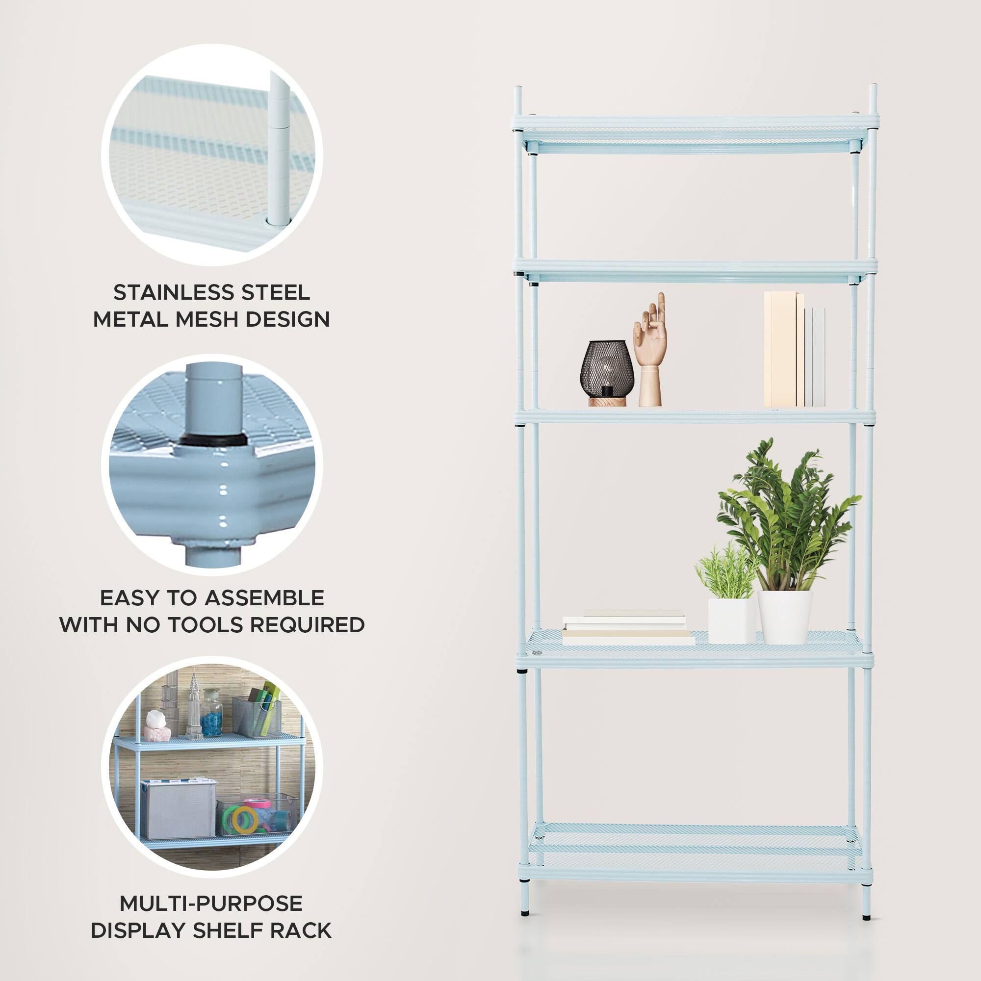 - Stainless Steel Metal Mesh Design
- Easy to Assemble with No Tools Required
- Multi-Purpose Display Shelf Rack