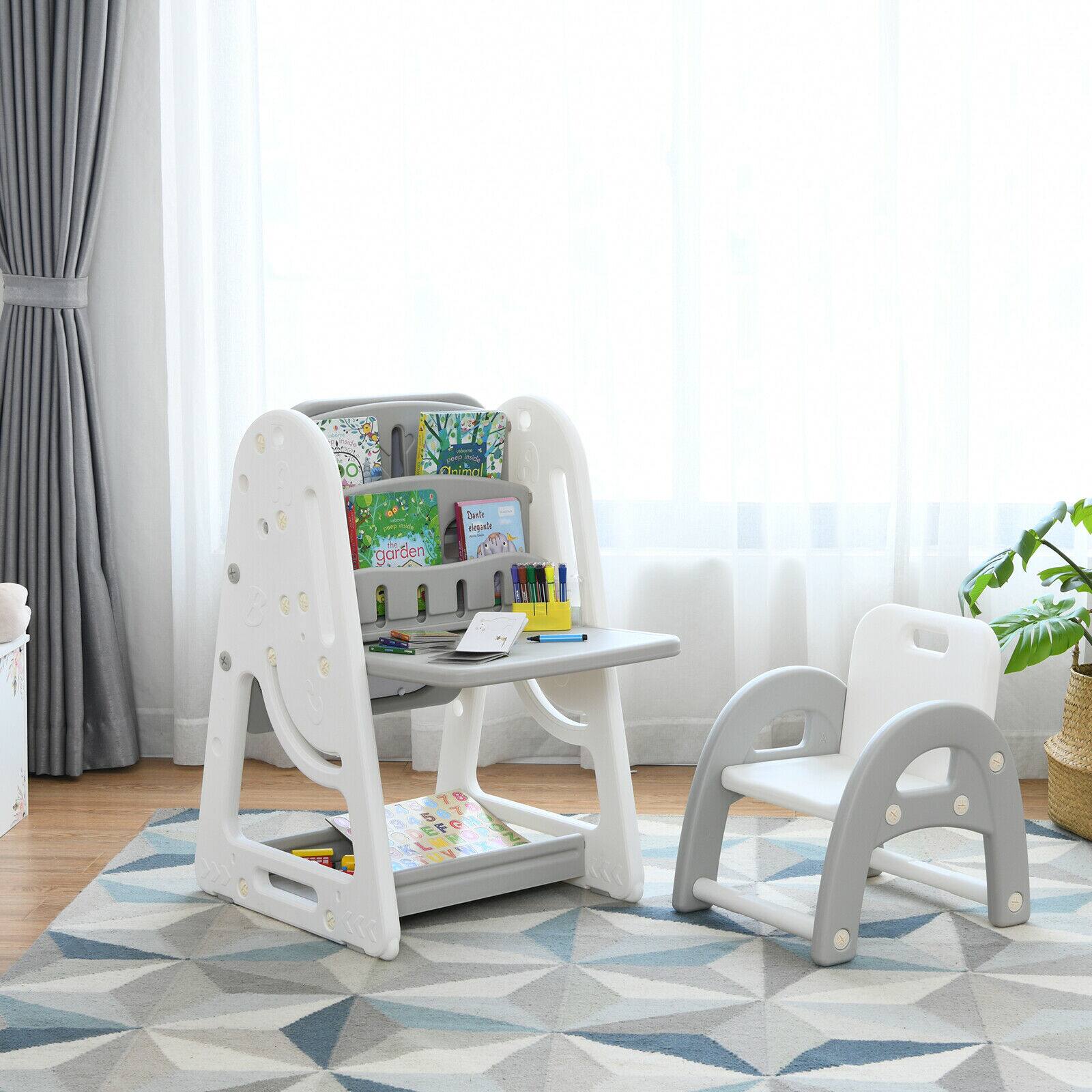 The image shows a child's play area with a white chair and a play table. The play table is surrounded by books and toys, creating a cozy and inviting space for the child to play and learn. The room also features a potted plant, adding a touch of greenery to the space. The play area is situated next to a window, allowing natural light to fill the room and create a bright and cheerful atmosphere.