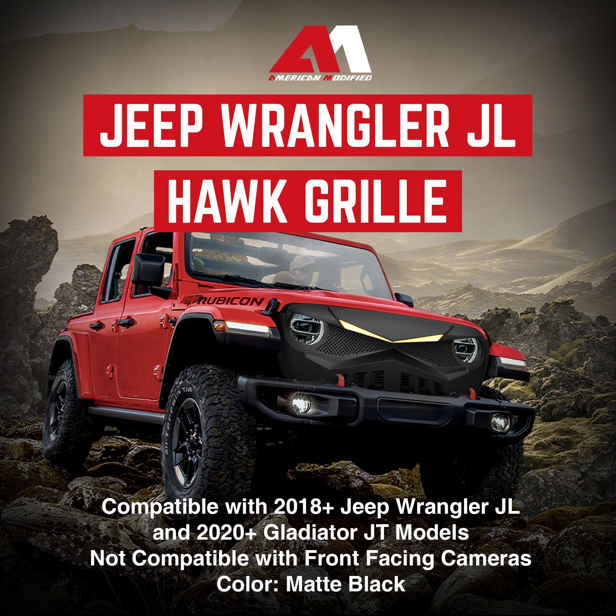 **American Modified**  
**JEEP WRANGLER JL HAWK GRILLE**  

Compatible with 2018+ Jeep Wrangler JL and 2020+ Gladiator JT Models  
Not Compatible with Front Facing Cameras  
Color: Matte Black