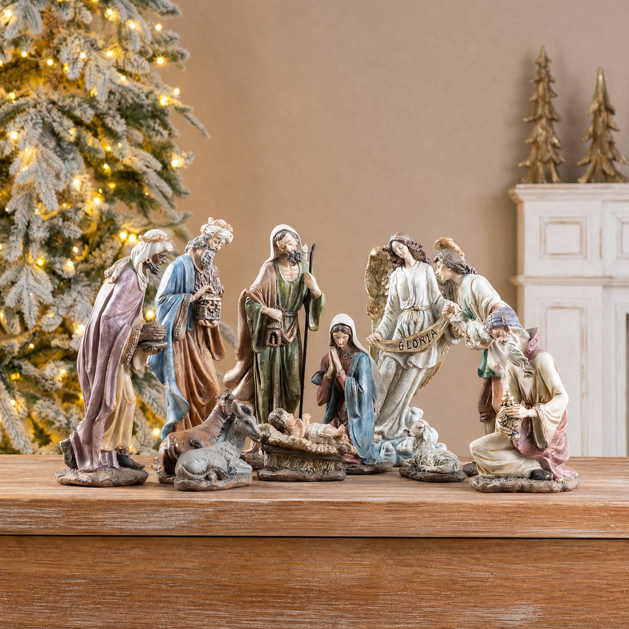 Alt View 4. Glitzhome - 11pcs Fresco Textured Resin Nativity Figurine Set - Multi-Colored.