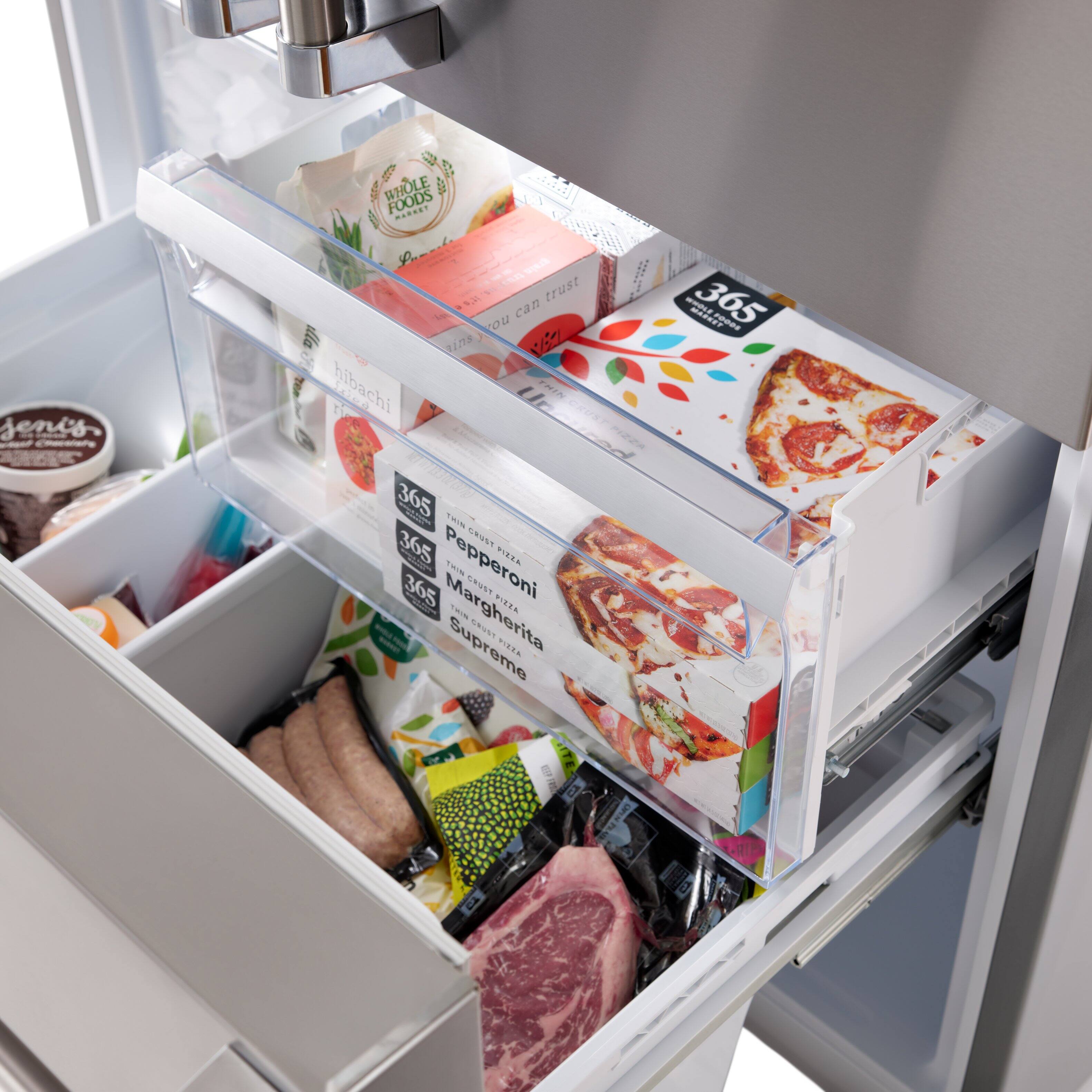 The text in the image appears to be a mix of different items and brands. Here is the corrected and grouped text:

- Whole Foods Market
- 365
- Thin Crust Pizza
  - Pepperoni
  - Margherita
  - Supreme
- Senni's
- Beef
- Pork

This text seems to be related to the contents of a refrigerator drawer, including Whole Foods Market products, 365 brand pizzas, and other meats.