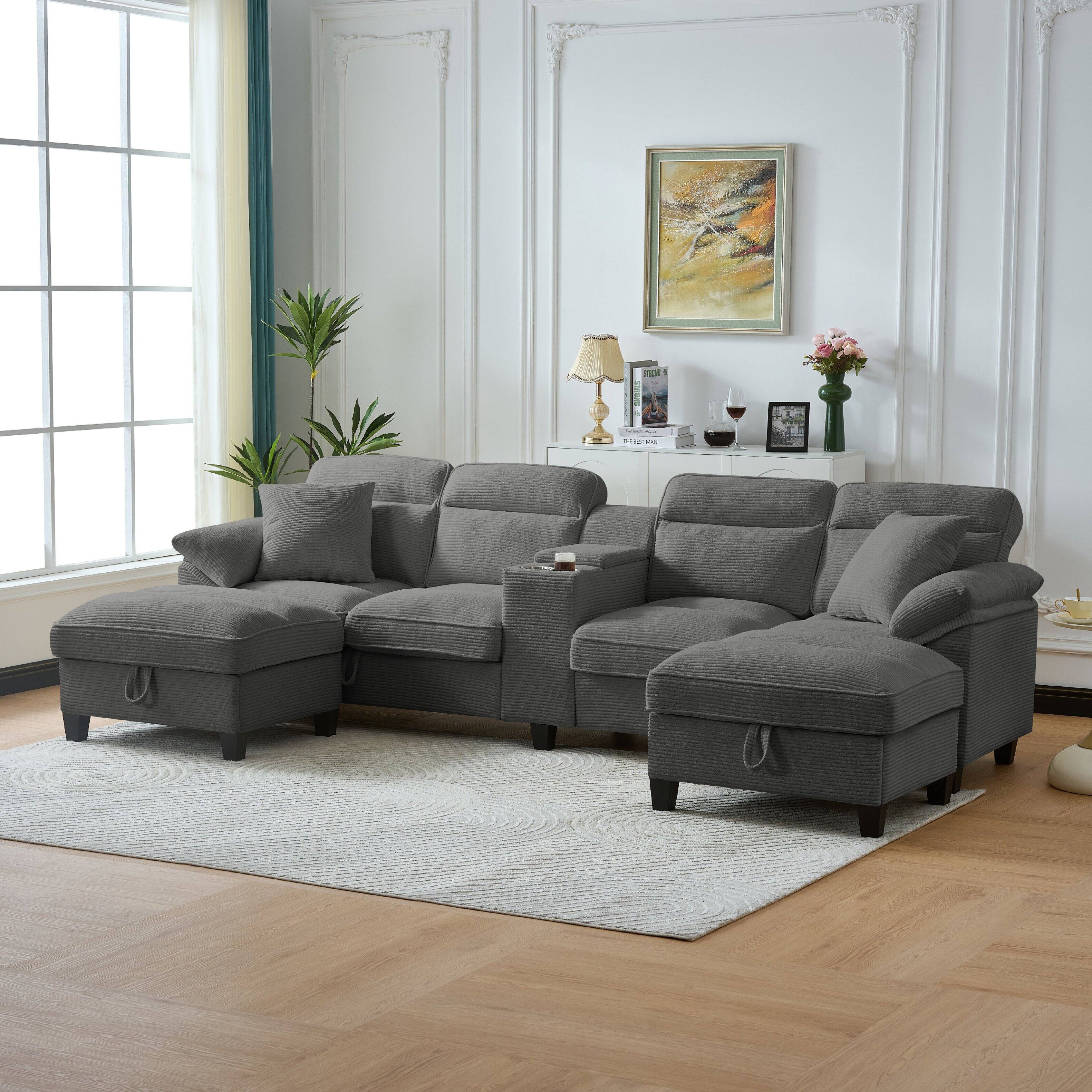 Left. Electra Tech Xpress - FREEHOMAE-117-inch corduroy U-shaped sofa - DARY  GRAY.