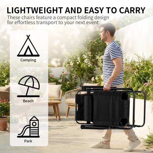 LIGHTWEIGHT AND EASY TO CARRY

These chairs feature a compact folding design for effortless transport to your next event

Camping  
Beach  
Park
