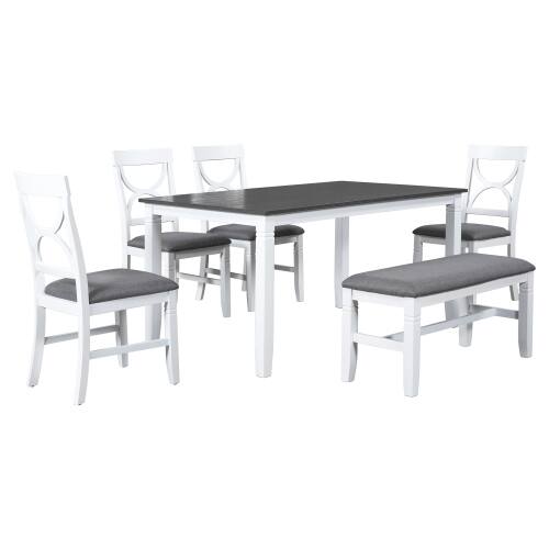 Alt View 4. LUCKY ONE - 6-Piece Farmhouse Dining Set with 60" Rectangular Dining Table, Bench and 4 Upholstered Chairs - White.