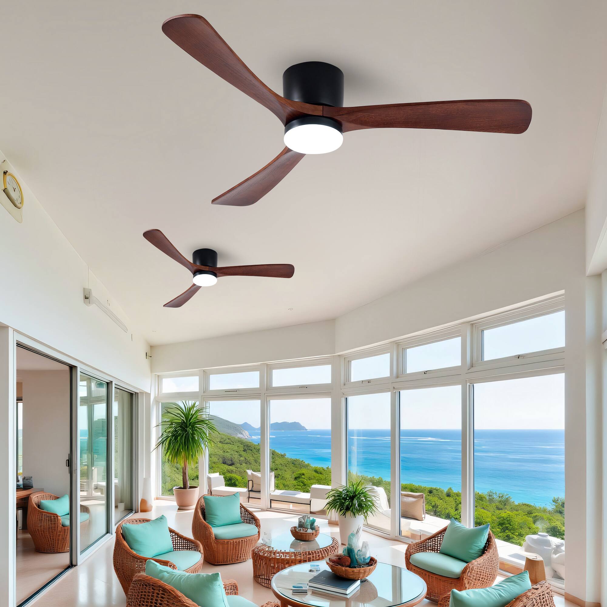 Angle. Domanki - 52" Wood Ceiling Fan with Lights Remote, Reversible DC Motor 6-Speed, 3 Blades Low Profile Flush Mount Ceiling Fans - Black.