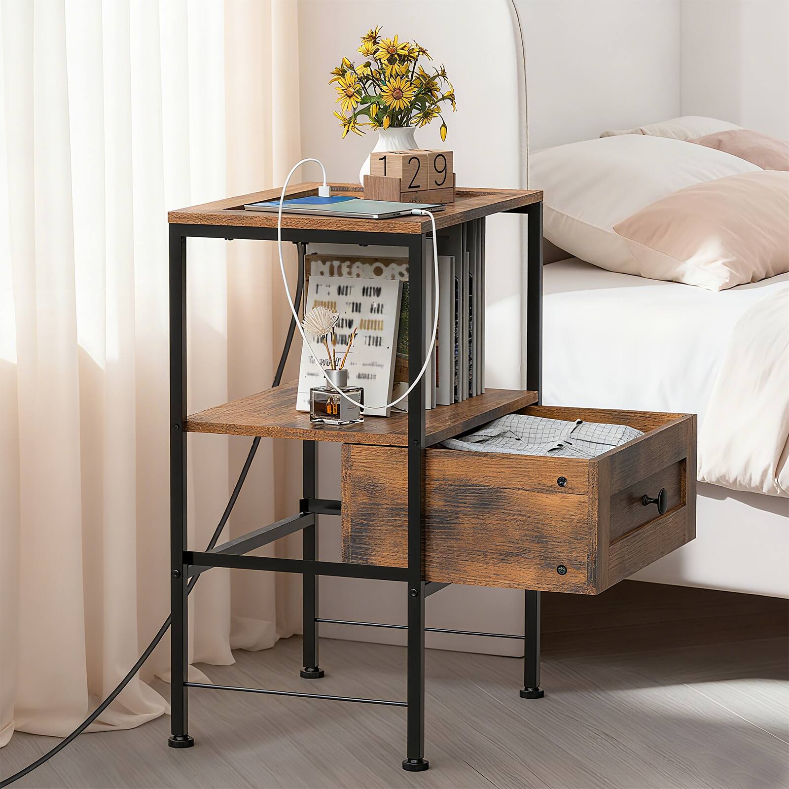 Alt View 1. Oumilen - Rustic Brown Nightstand with Charging Station & LED Light, Industrial End Table with Drawer & Shelf - Rustic Brown.
