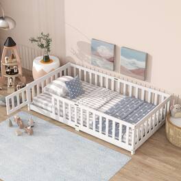 GOODSILO - Twin Size Floor Bed with Safety Fence and Door for Kids, Sturdy Rubber Wood Construction - White