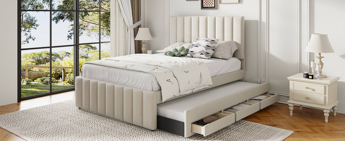 Alt View 9. Tiramisubest - Full Size Upholstered Platform Bed with Twin Size Trundle and 3 Drawers, Linen Fabric, Beige - Beige.
