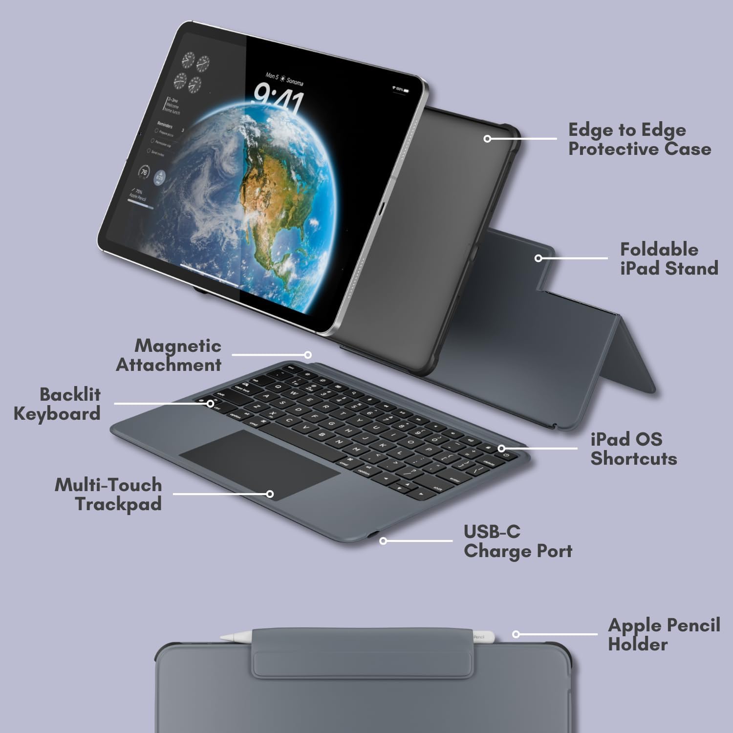 Mun5 Soreine 9:41 Edge to Edge Protective Case Foldable iPad Stand Magnetic Attachment Backlit Keyboard Multi-Touch Trackpad iPad OS Shortcuts USB-C Charge Port Apple Pencil Holder
