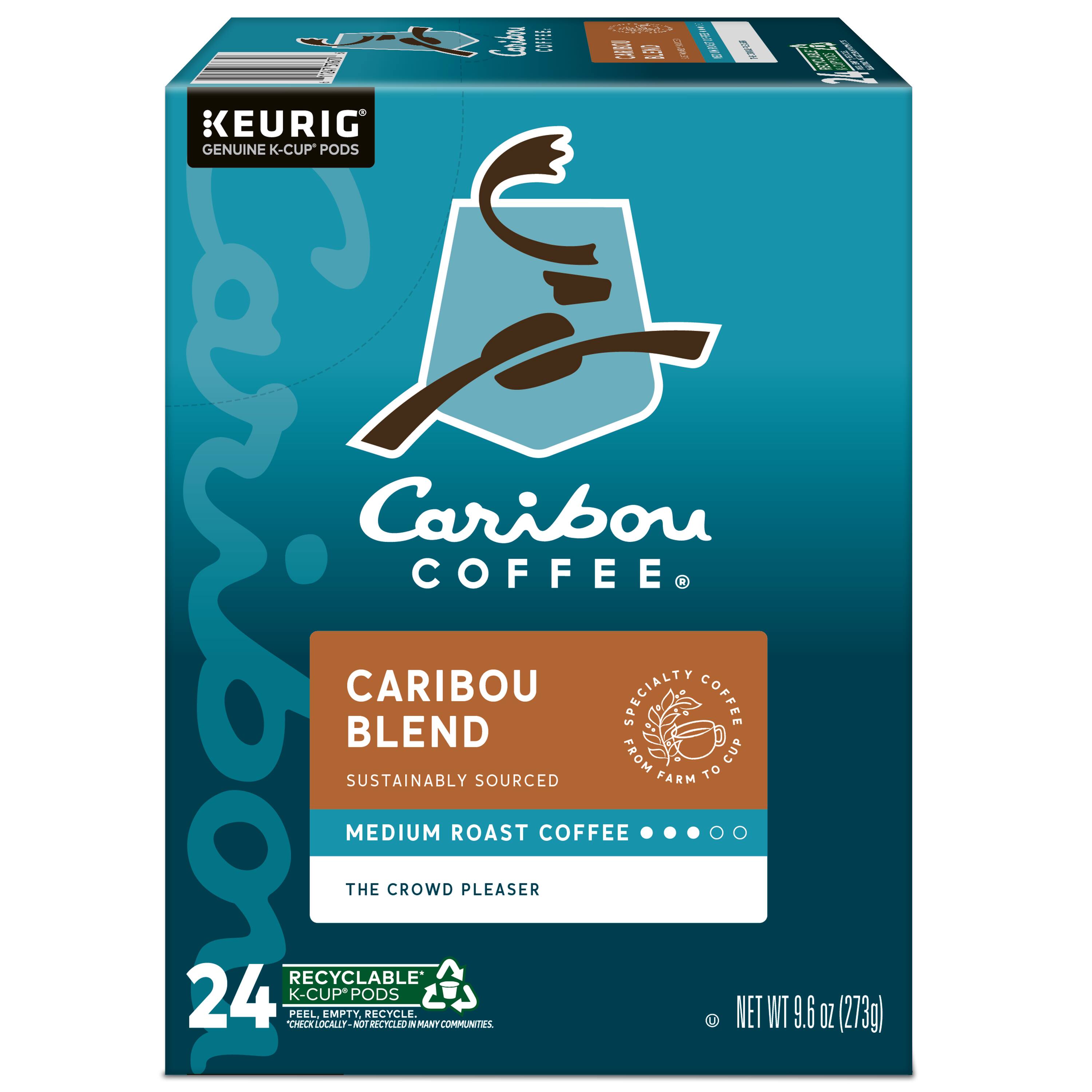 Keurig Genuine K-Cup Pods Caribou Coffee Caribou Specialty Coffee Blend from Cup Sustainably Sourced Farm to Medium Roast Coffee 2 The Crowd Pleaser Recyclable 24 K-Cup Pods DHBCK PEEL MICROLOCALLY-SOURCED MATERIALS NOT RECYCLABLE. RECYCLED. NET WT 9.6 OZ (273g)