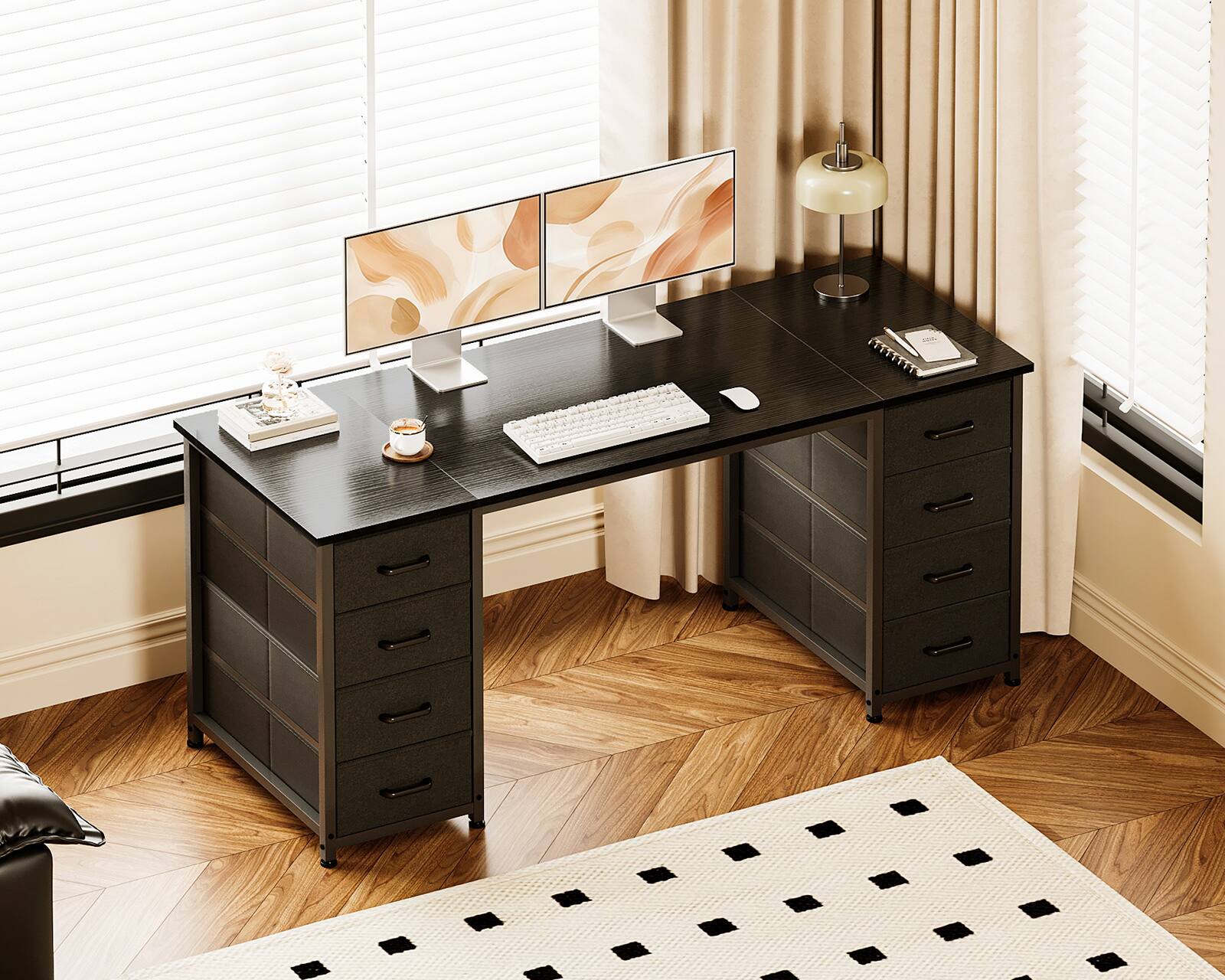 Alt View 2. AODK - Computer Desk with 8 Fabric Drawers, Large Storage Modern Office Desk for Home Office & Study - Black.