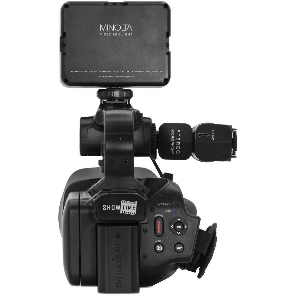 MINOLTA VIDEO LED LIGHT  
MODEL: MIN3KPROVLED  
POWER: 7.7W/840LM  
BATTERY: 3.7V/4000mAh  
MADE IN CHINA  
www.minoldigit.com  

INPUT: 5V-1A  

SHOWTIME  
Li-ion BATTERY PACK  

MICROPHONE STEREO USB-C  
CHARGING BUSY OK  
PHOTO DISP