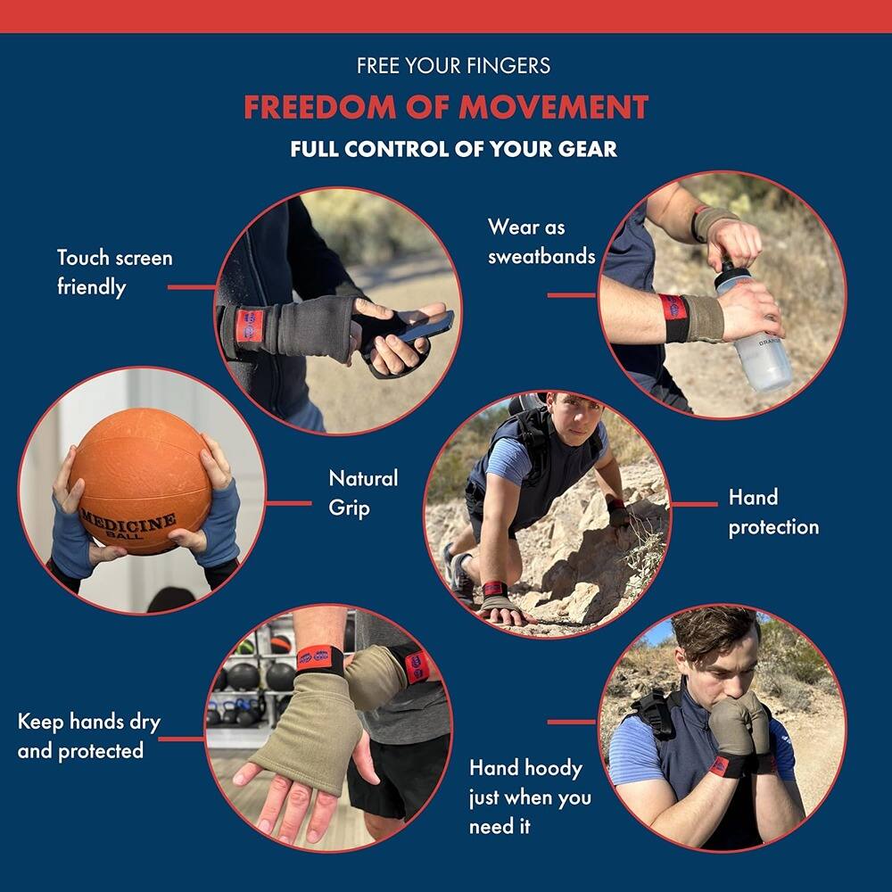 FREE YOUR FINGERS  
FREEDOM OF MOVEMENT  
FULL CONTROL OF YOUR GEAR  

- Touch screen friendly  
- Wear as sweatbands  
- Natural Grip  
- Hand protection  
- Keep hands dry and protected  
- Hand hoodies just when you need it