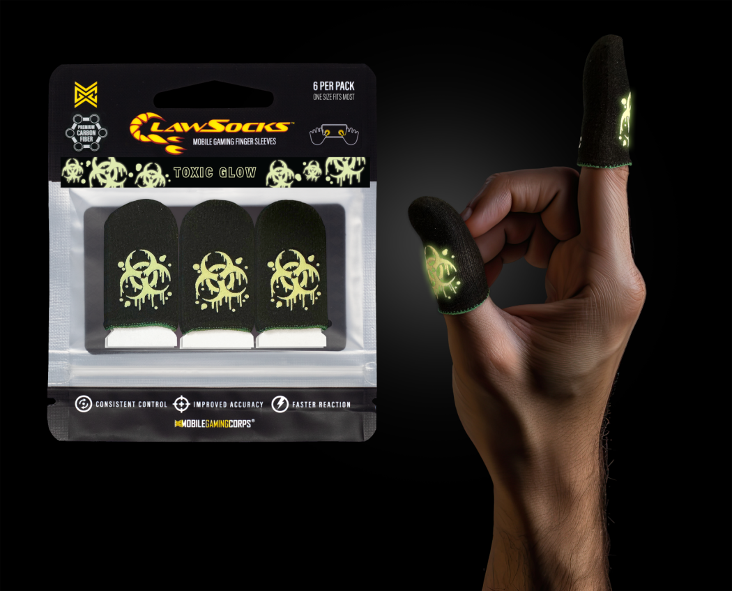 6 PER PACK  
ONE SIZE FITS MOST  

LAW SOCKS  
MOBILE GAMING FINGER SLEEVES  

TOXIC GLOW  

CONSISTENT CONTROL  
IMPROVED ACCURACY  
FASTER REACTION  

MOBILEGAMINGCORPS
