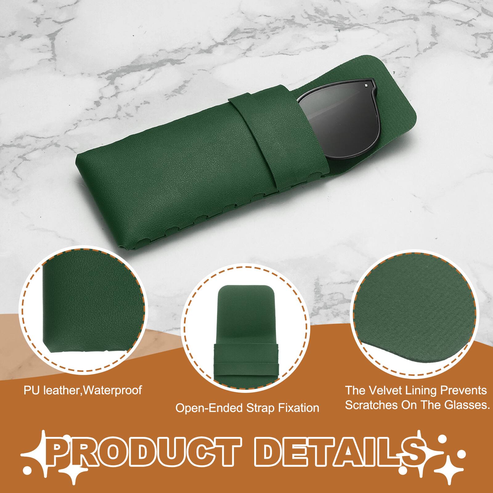 PU leather, Waterproof  
The Velvet Lining Prevents Scratches On The Glasses.  
PRODUCT DETAILS