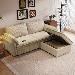 LUCKY ONE - 85" 2-in-1 Convertible Sleeper Sofa Bed with Storage Ottoman, Hidden Storage, USB Charging Ports, 2 Pillows - Camel