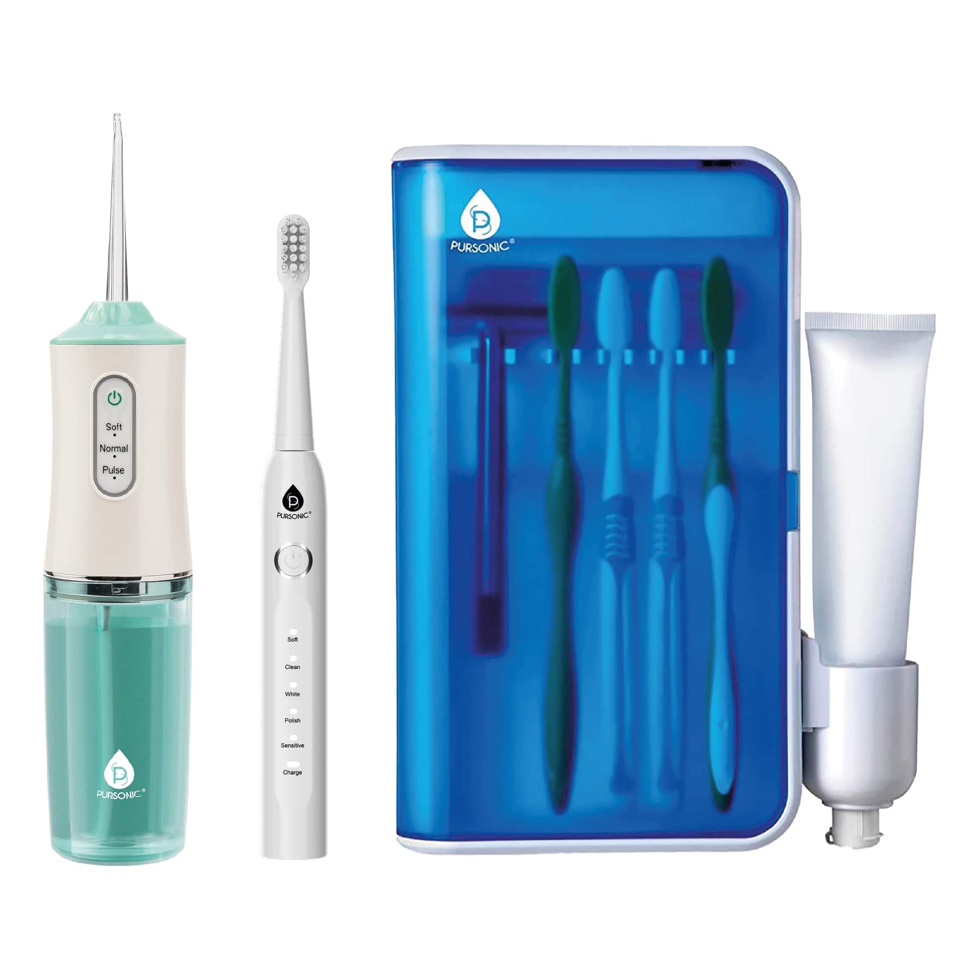 Pursonic - Complete Oral Care Bundle – USB Rechargeable Sonic Toothbrush, Water Flosser & UV Toothbrush Sanitizer - Multicolor