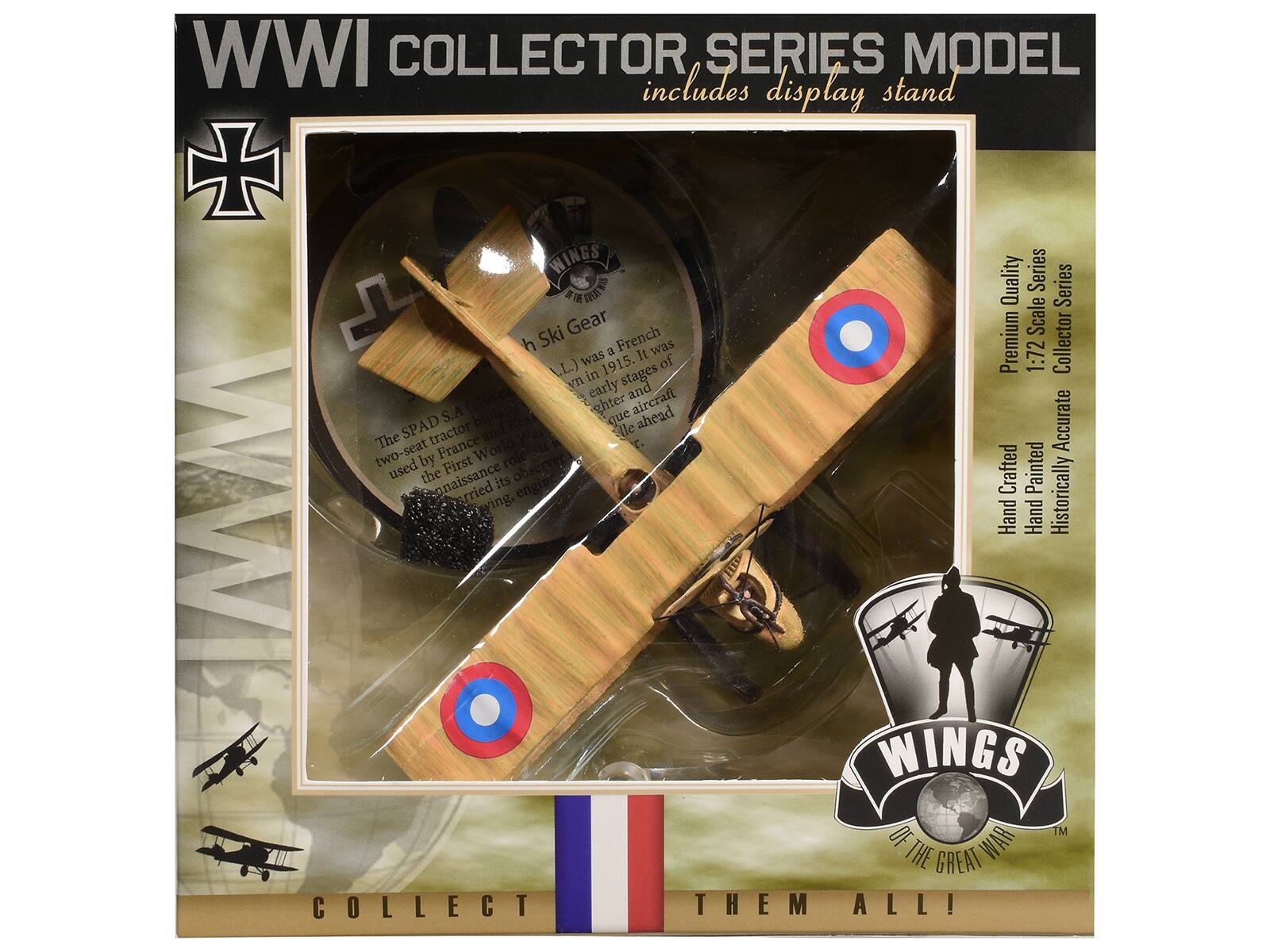 WWI COLLECTOR SERIES MODEL includes display stand

WINGS OF THE GREAT WAR

The SPAD S.A. (also known as SPAD S.4) was a French two-seat tractor biplane used by France in the early stages of World War I. It was an early aircraft and was used by France in the First World War. The SPAD S.A. carried its engine in the nose and was used for reconnaissance.

Premium Quality
1:72 Scale
Collector Series
Hand Crafted
Hand Painted
Historically Accurate

COLLECT THEM ALL!