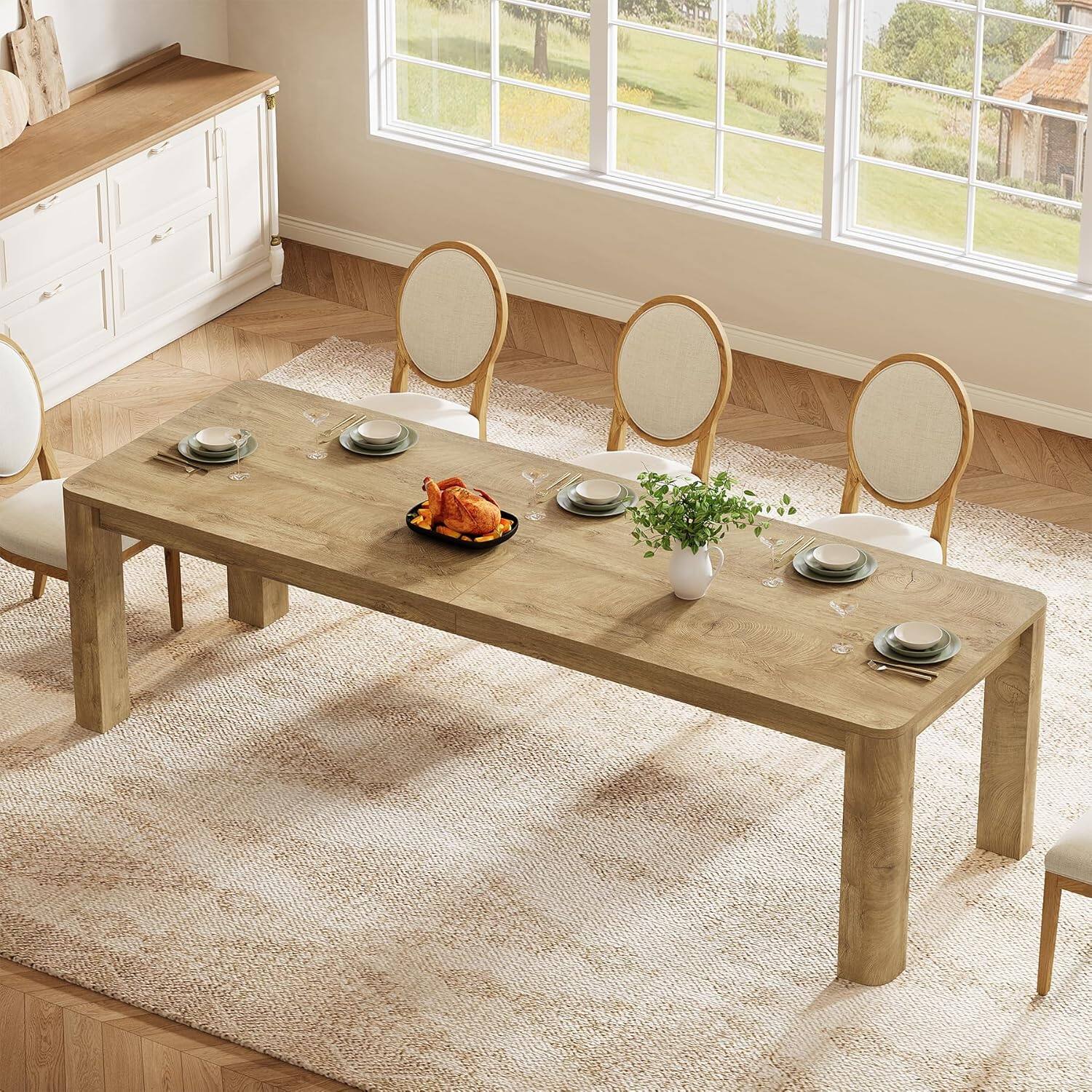 Alt View 2. Tribesigns - Farmhouse Dining Table with Engineered Wood Construction and Rounded Edges for Dining Room and Kitchen - Light Brown.